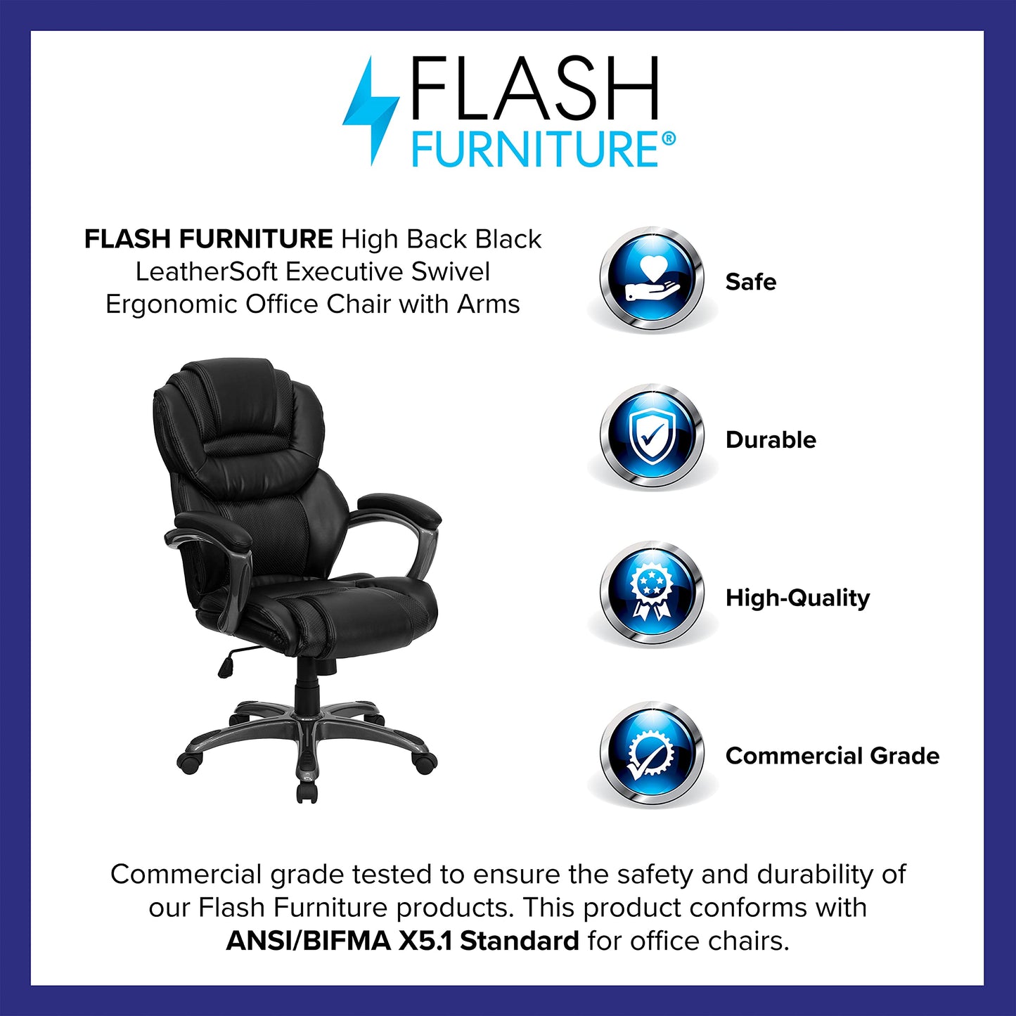 Flash Furniture Stella High Back Black LeatherSoft Executive Swivel Ergonomic Office Chair with Arms