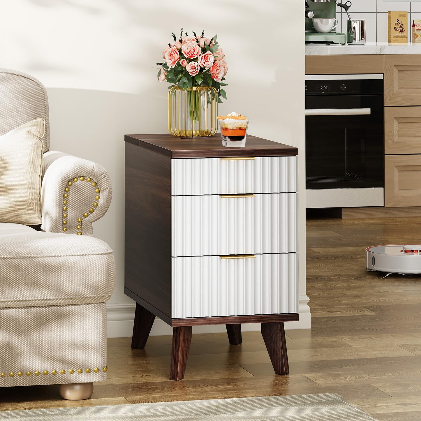 Kalrin Charging Nightstand with Hidden Outlets & 3 Drawers, Modern End Table, Bedside Table with USB Ports, Wave Groove Design, Compact Size, Heavy Duty Engineered Wood, Brown & White
