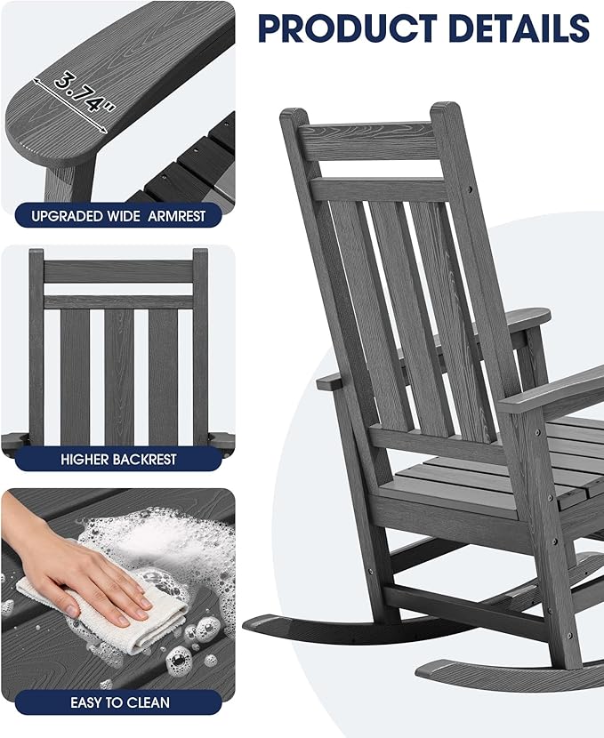 KINGYES Oversized Outdoor Rocking Chair Set of 4, All-Weather Patio Rocking