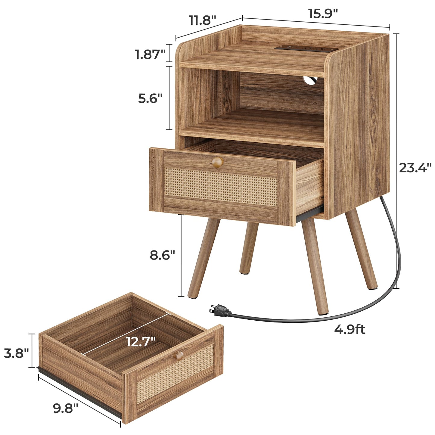 SUPERJARE Nightstand with Charging Station & Rattan-Like Decor Drawer, Rattan End Table with Solid Wood Feet, Bed Side Table with Open Storage, for Bedroom, Living Room, Dormitory, Walnut