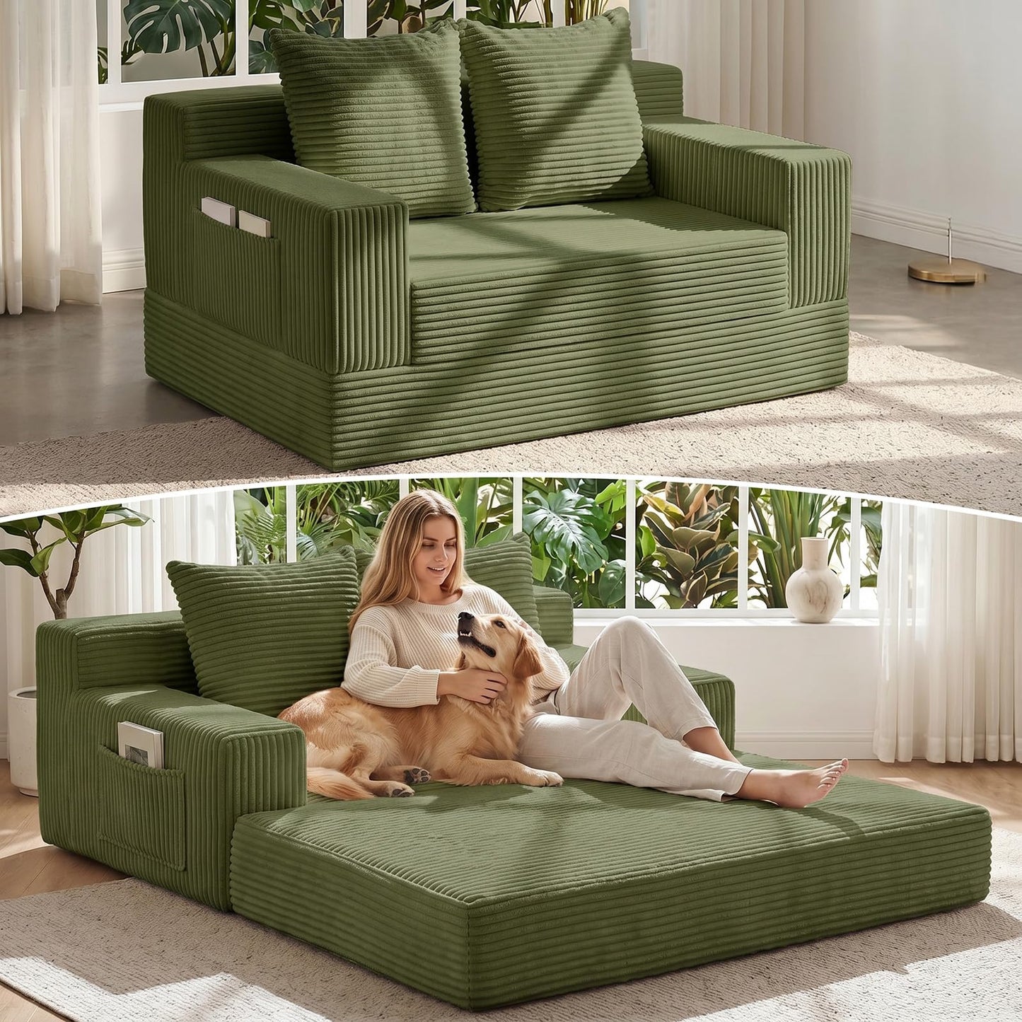 Convertible Sofa Bed,Small Boneless Couch & Boneless Loveseat,Pull Out Couch Bed for Small Spaces,Premium Luxe Corduroy Folding Floor Futon Sleeper with Side Pocket & 2 Pillows,No Assembly Required