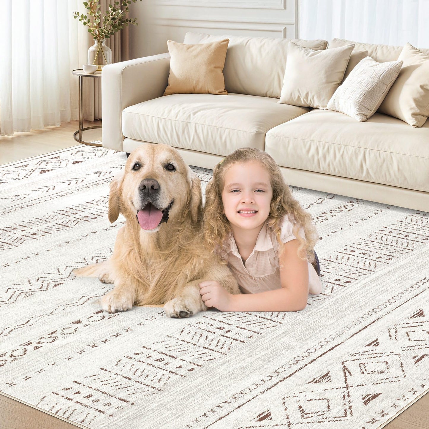 cotiled 5x7 Area Rugs Living Room Rug: Washable Boho Rugs with Non Slip Backing Large Soft Indoor Stain Resistant Carpet for Bedroom Farmhouse Dining Room Lightweight Home Decor L Brown/Cream