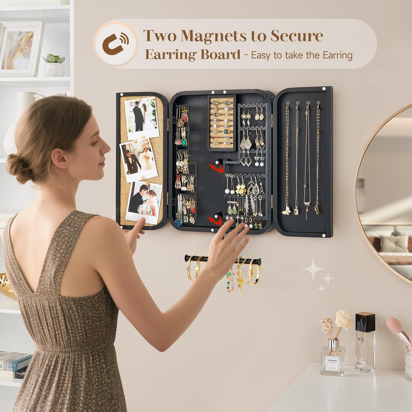 Pinzoveco Hanging Jewelry Organizer, Wall Mounted Jewelry Organizer for Earring Holder Organizer, Jewelry Cabinet Holder Jewelry Storage Box for Earrings, Necklaces, Bracelets, Ring Holder (Black)