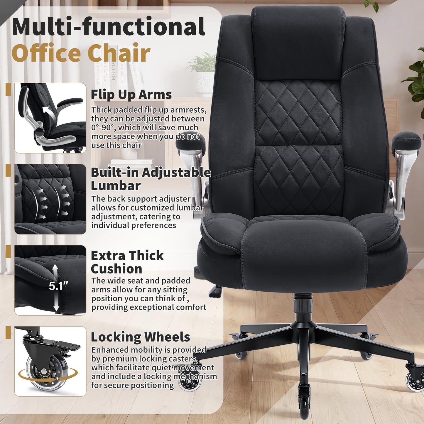 Fabric High Back Office Chair with Lockable Quiet Casters, Thick Padded Ergonomic Computer Chair- Adjustable Lumbar Support & Flip-Up Arms, Wide Executive Desk Chair for Back Pain, 400LBS Capacity