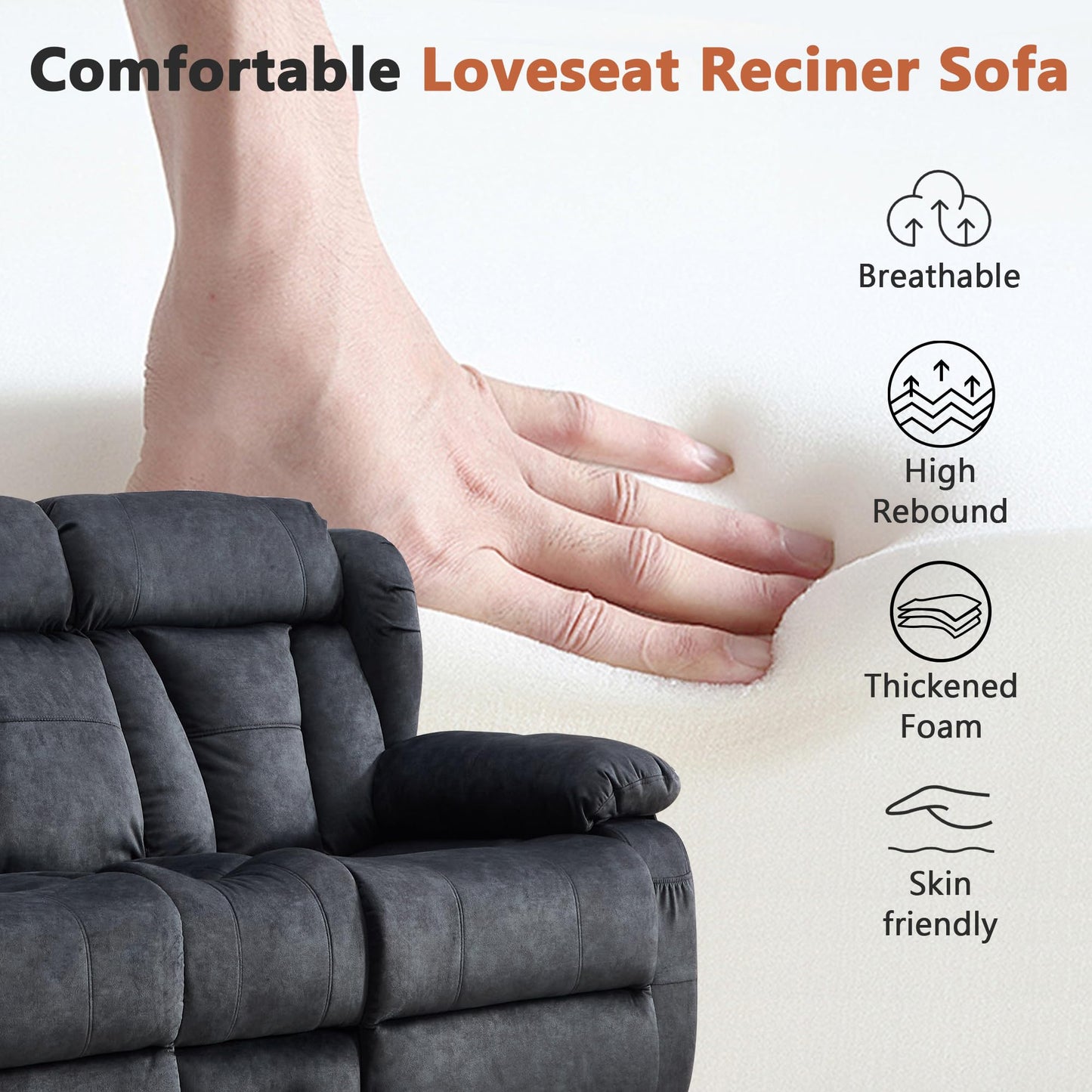 AHMED Loveseat Recliner Sofa with Console, Manual Reclining Loveseat RV Couch with Cup Holders/Side Pocket/Padded Armrest Cushion for Living Room, Velvet, Grey