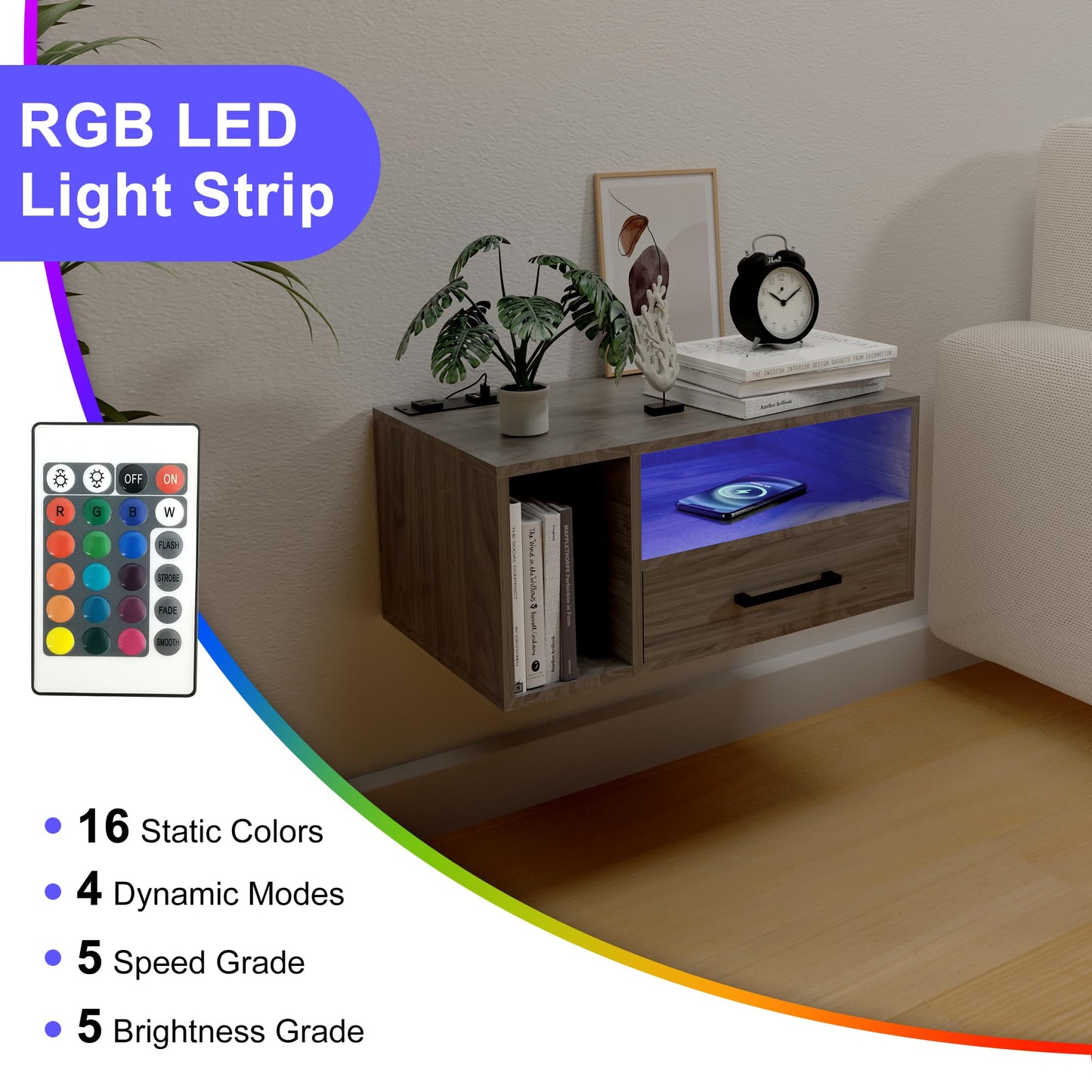 Homaterial Floating Nightstand with Charging Station and LED Lights, Floating Bedside Table with Drawers Wall Mounted Nightstands,for Bedroom Room, 21.3" x 11.8" x 10",Grayish Brown