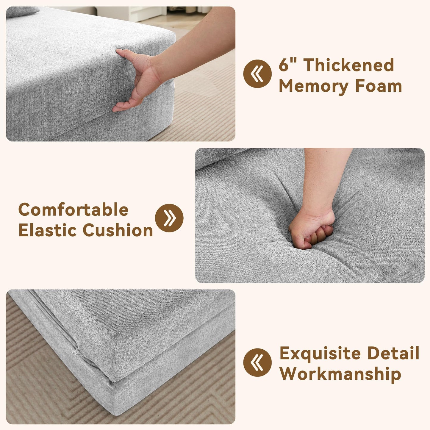 WUTUTUEE Folding Sofa Bed Convertible Floor Couch Foldable Chair Bed with Pillow，Linen Sleeper Chair Futon,Foldable Memory Foam Mattress for Bedroom/Living Room/Dorm/Office (Light Grey, Single)