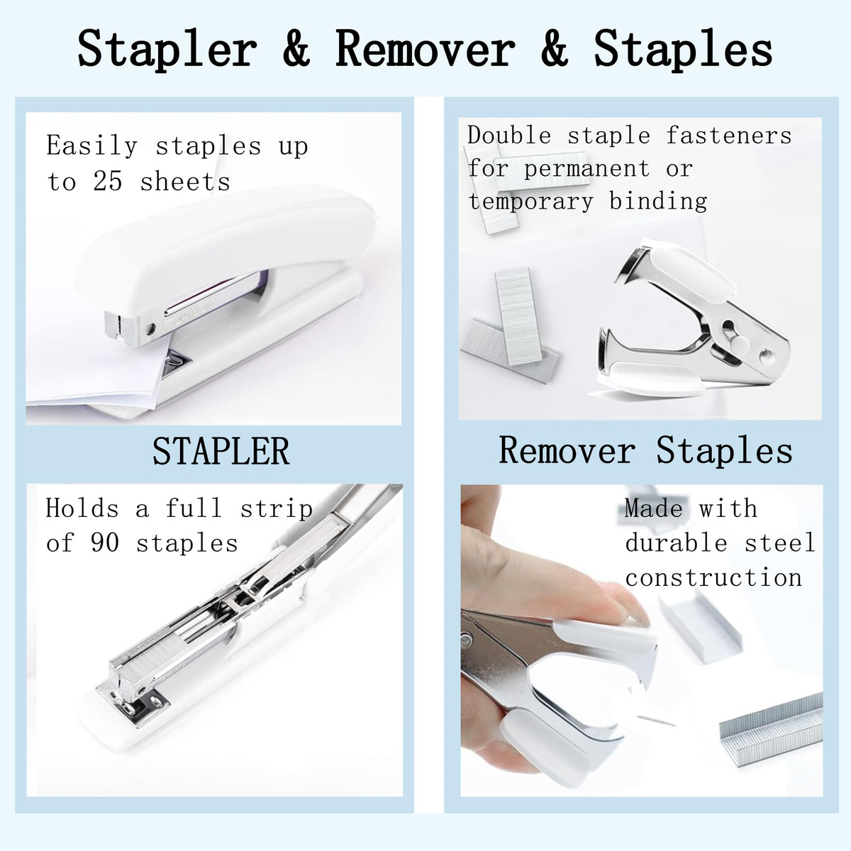 Dimonluce Office Desk Accessories, White Office Supplies Accessories with Tape Dispenser, Stapler, Staple Remover, 1000 Staples, Tape, Clips Set, Ruler, Scissor, Pen