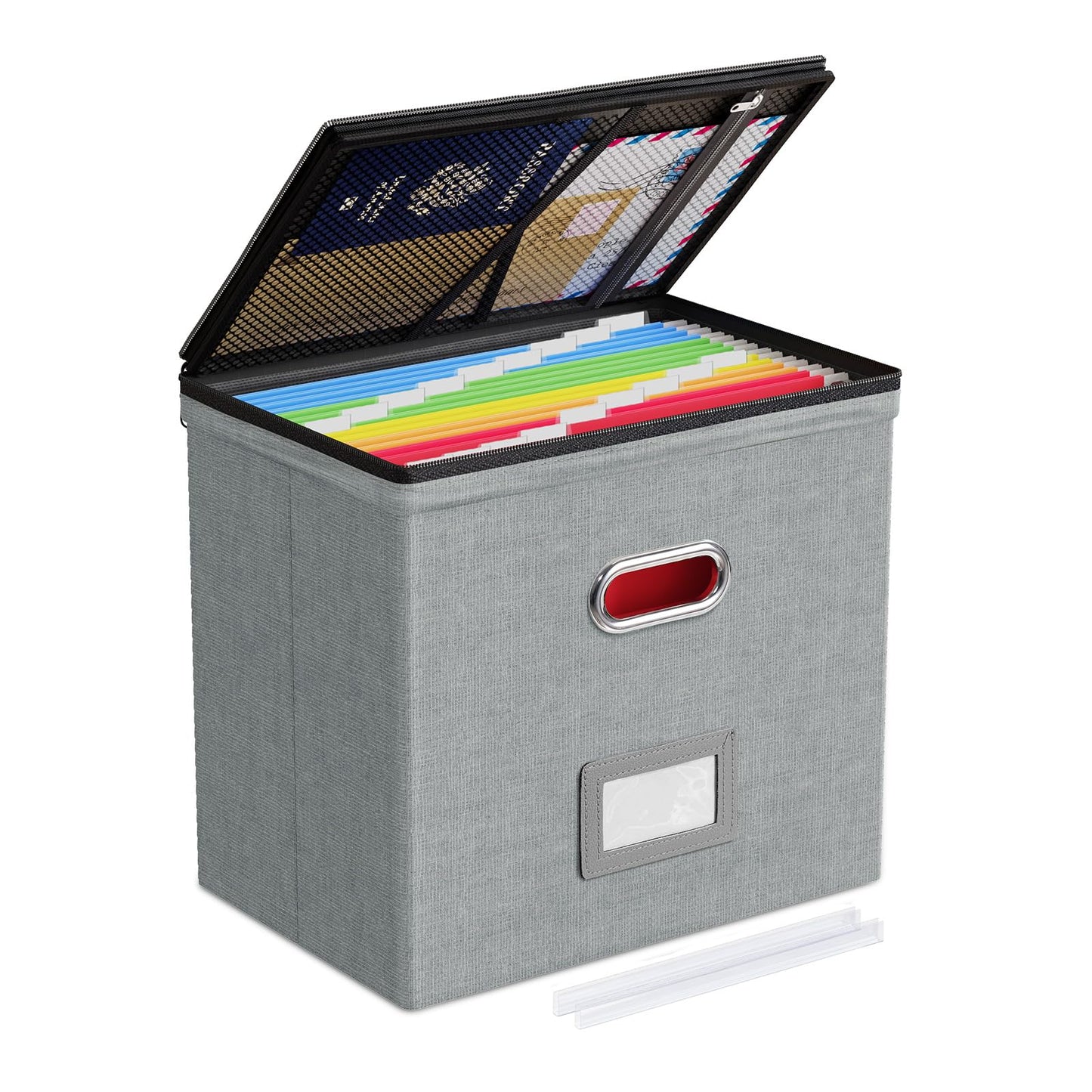 Oterri 1 Pack File Organizer Boxes with Lids, File Box with Mesh Pockets, Document Organizer Box for File Folders Letter Size, Zippers Filing Box for Home, Office, School (Grey, Without Folders)