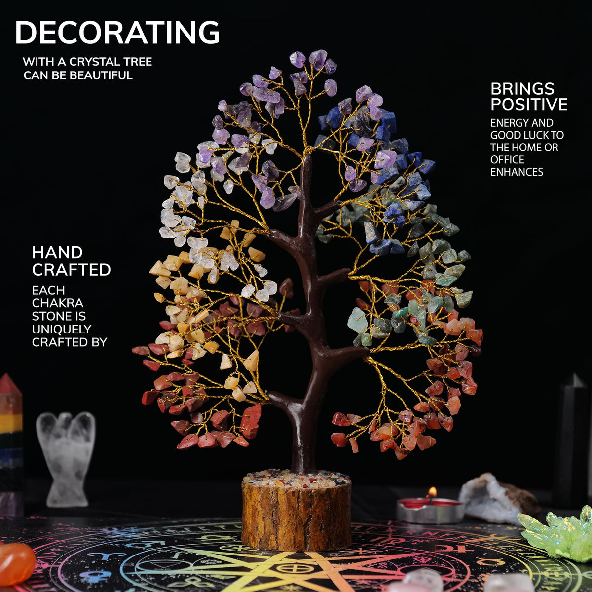 YATHABI 7 Chakra Tree of Life Decor - Crystal Tree - Feng Shui Decor - Crystal Bonsai Tree - Gem Tree - Gemstone and Crystals - Spiritual Tree - Chakra Stones - Crystal Gifts - Birthday Gift for Women