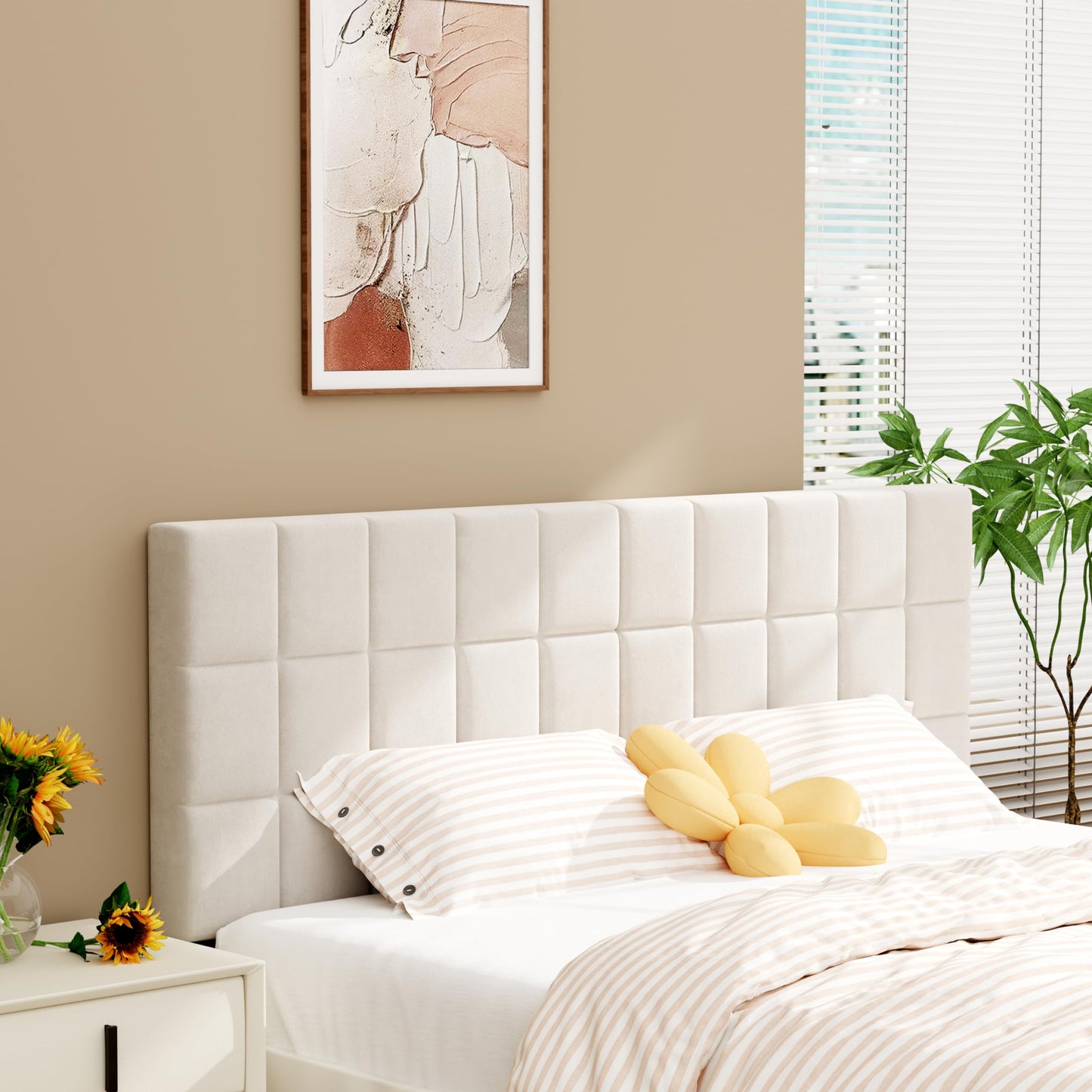 Andeworld Velvet Upholstered Tufted King Size Headboard,Wood Head Board with Metal Legs, Adjustable Height from 42” to 56”, Bed Headboard in Modern Design,Backboard for Bed, Beige