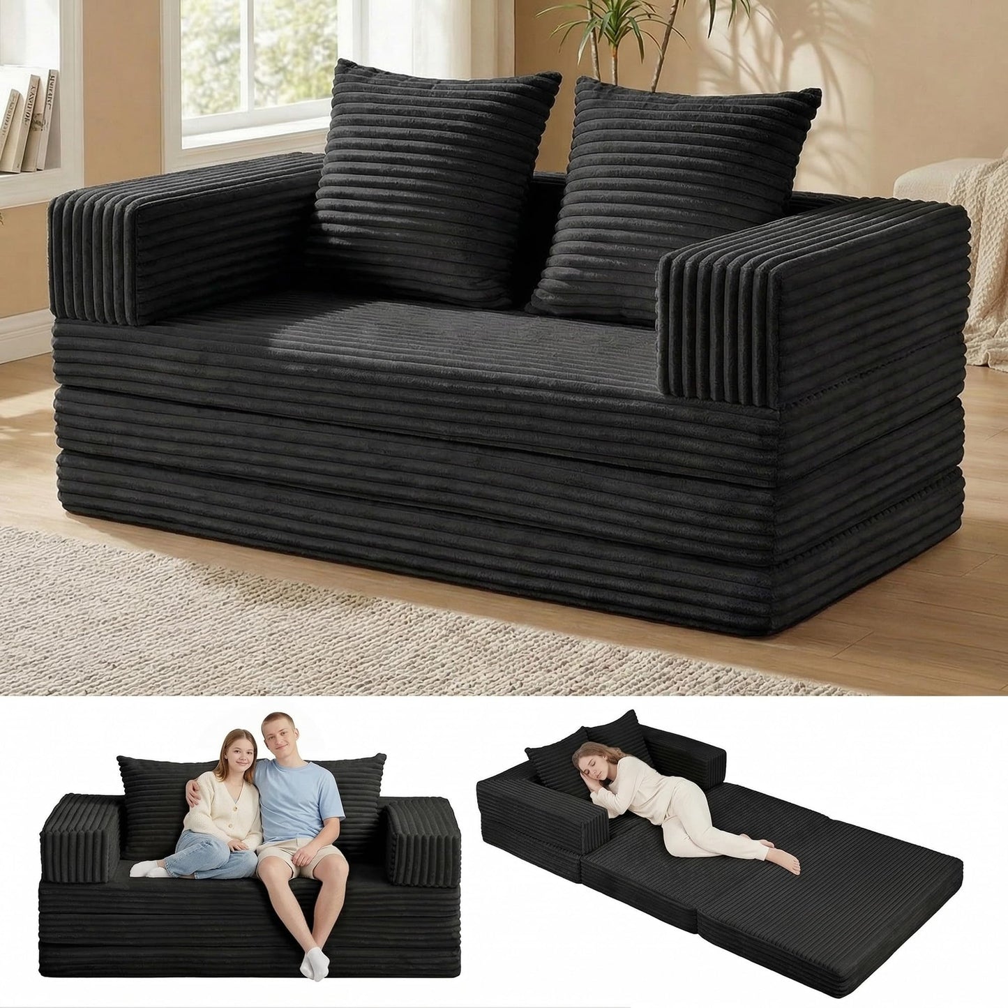 Winzoo Convertible Sofa Bed, 4-in-1 Boneless Loveseat with Removable Armrests Backrest, Corduroy Futon Couch Bed with Pillow, Foldable Mattress Sleeper Sofa for Living Room Bedroom Small Place (Black)