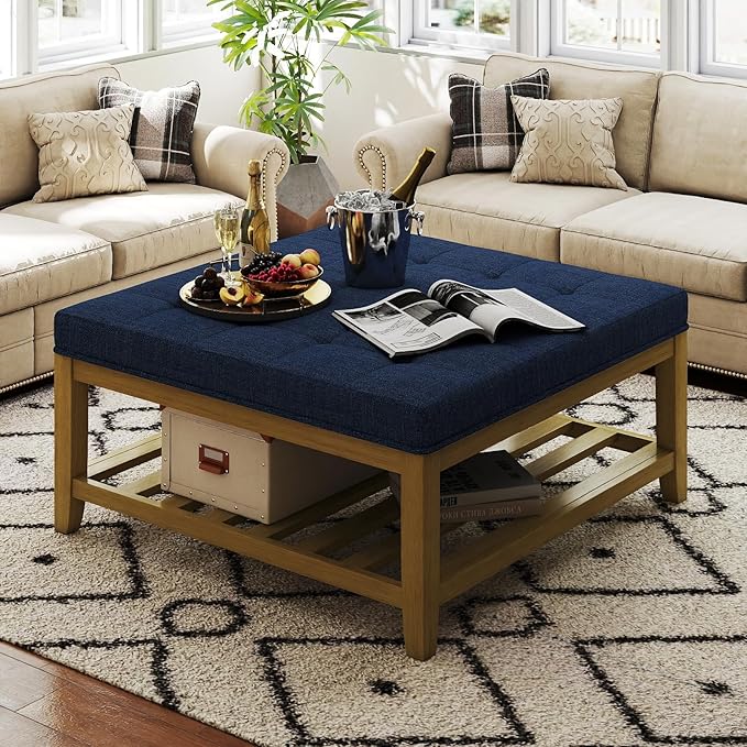 Befurtori Large Square Ottoman Coffee Table, Linen Solid Upholstered Footrest