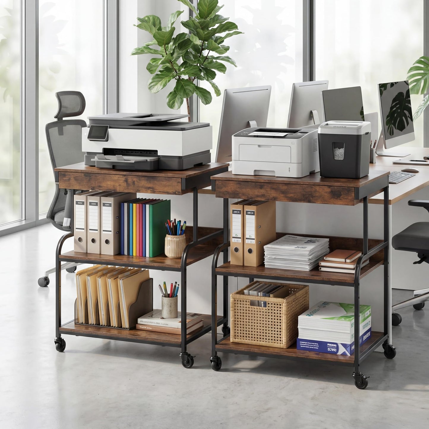 DongRong 3 Tier Printer Stand with Drawer – Rolling Printer Cart on Wheels for Home Office, Adjustable Shelf & Heavy Duty Steel Frame, Large Printer Table for Scanner Fax Copier,23.6''x18.9''