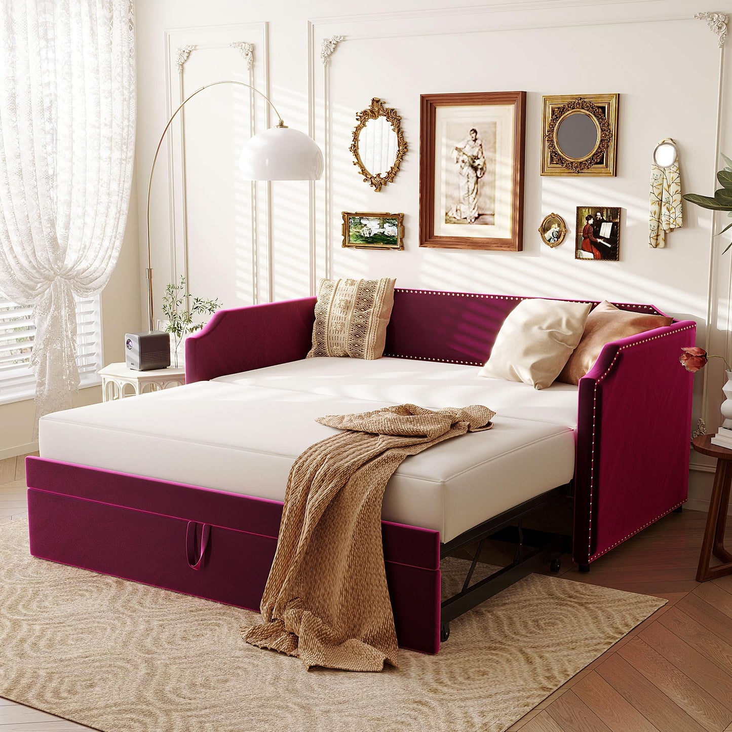 QVUUOU Twin Size Velvet Upholstered Daybed with Pop Up Trundle in Beige, Perfect for Bedrooms and Guest Rooms
