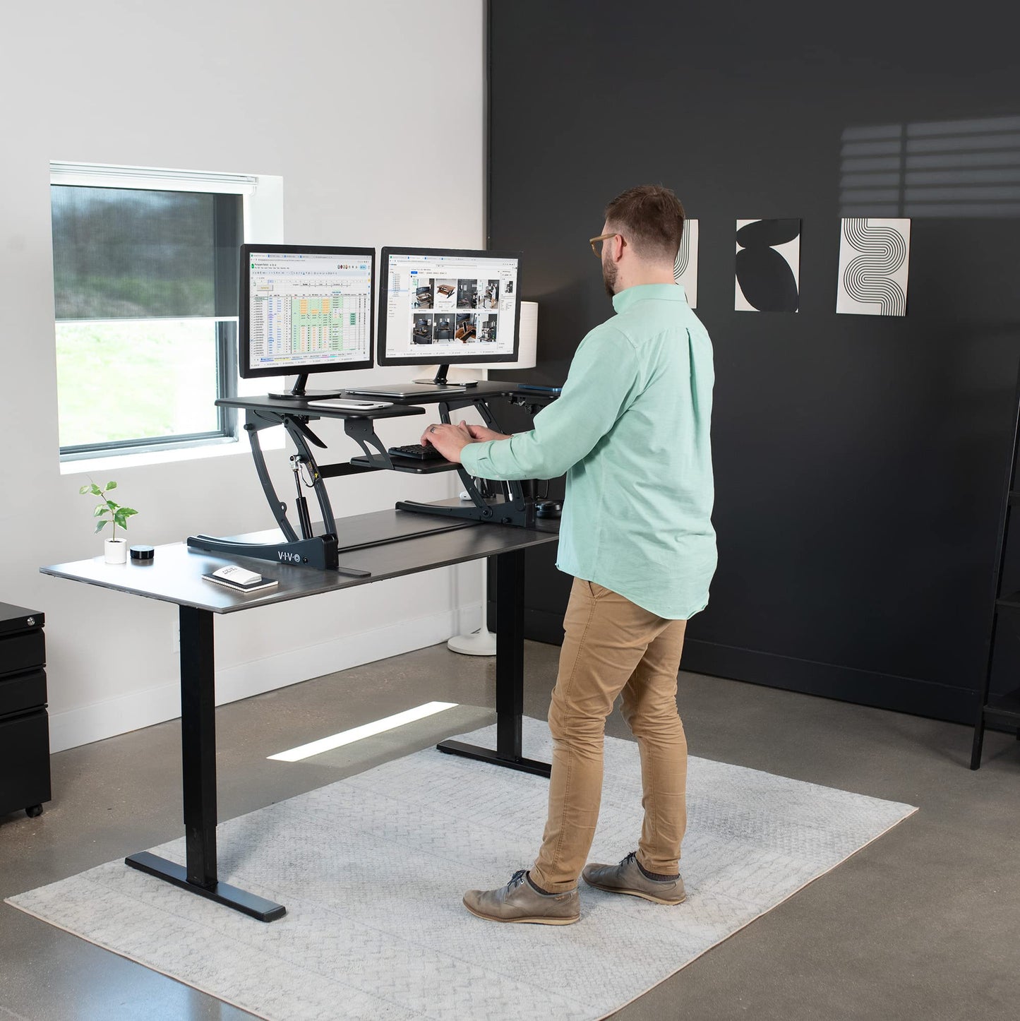 VIVO 42 inch Height Adjustable Stand Up Desk Converter, V Series, Quick Sit to Stand Tabletop Dual Monitor Riser Workstation, Black, DESK-V000VL