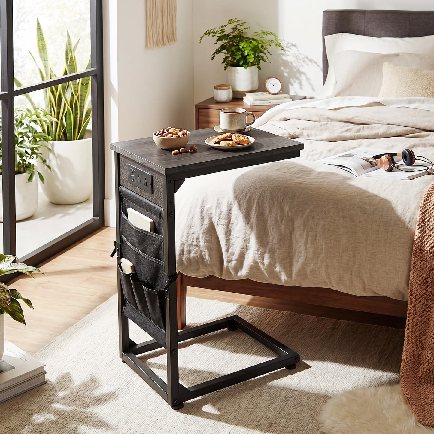 AMHANCIBLE C Shaped End Table with Charging Station, Couch Side Tables that Slide Under Sofa with Storage Bag, Slim TV Tray with USB Ports for Living Room, Bedroom, Dark Grey HET04CDG