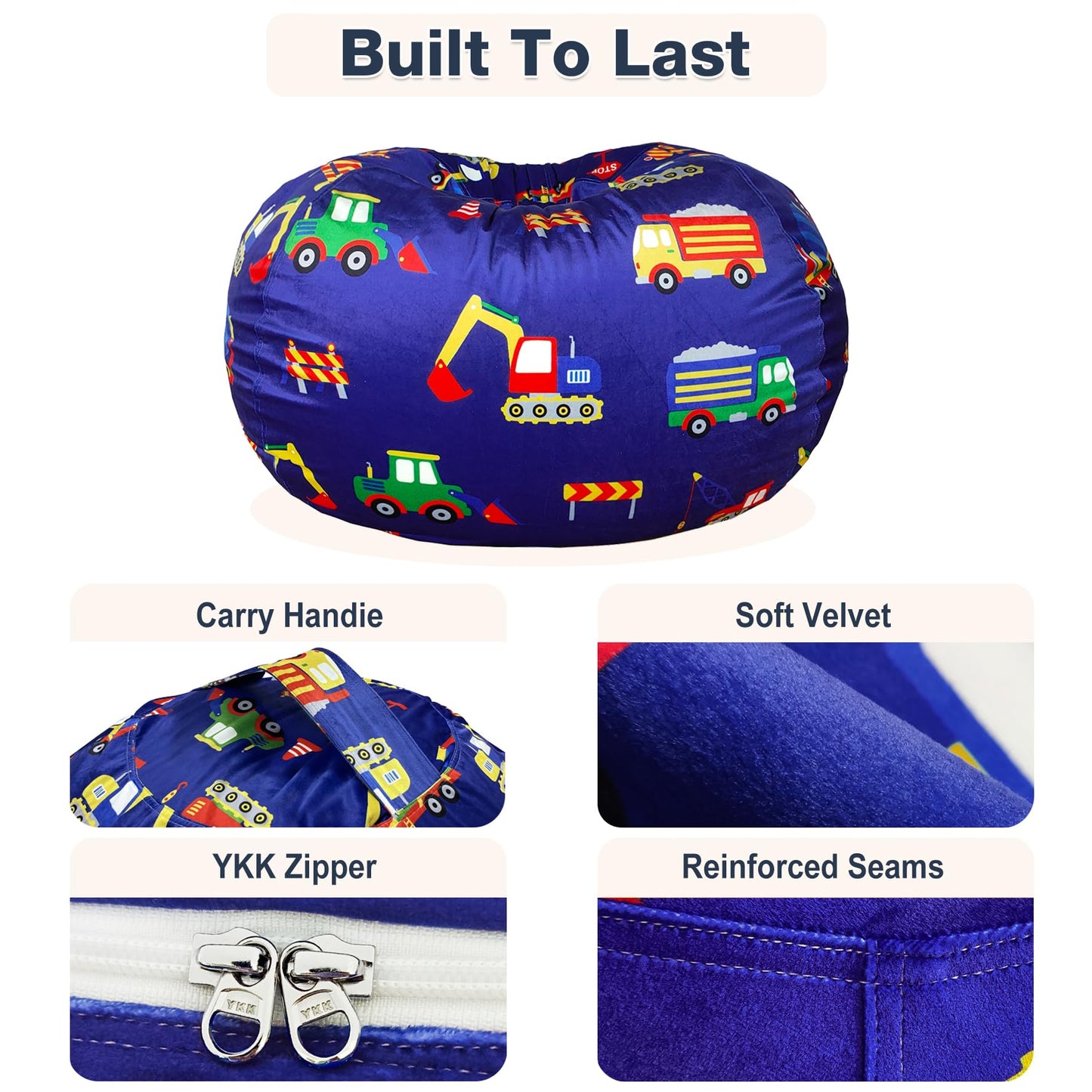 Lukeight Stuffed Animals Storage Bean Bag Chair Cover for Kids and Teens, Cozy Velvet Plush Toy Organizer Seat, Cover Only, No Filling Included, Long YKK Zipper, Side Pocket, XX-Large 36 x 20 in