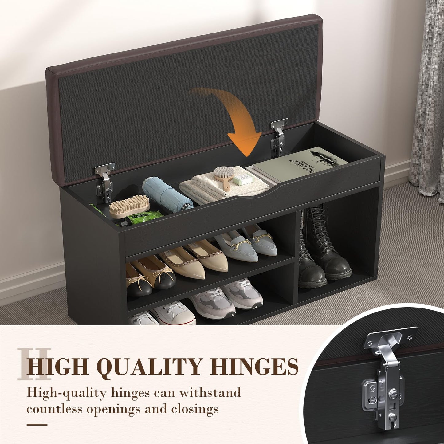 Apicizon Entryway Bench with Shoe Storage, Black, 2-Tier Shoe Rack, Padded Cushion, Wooden Frame