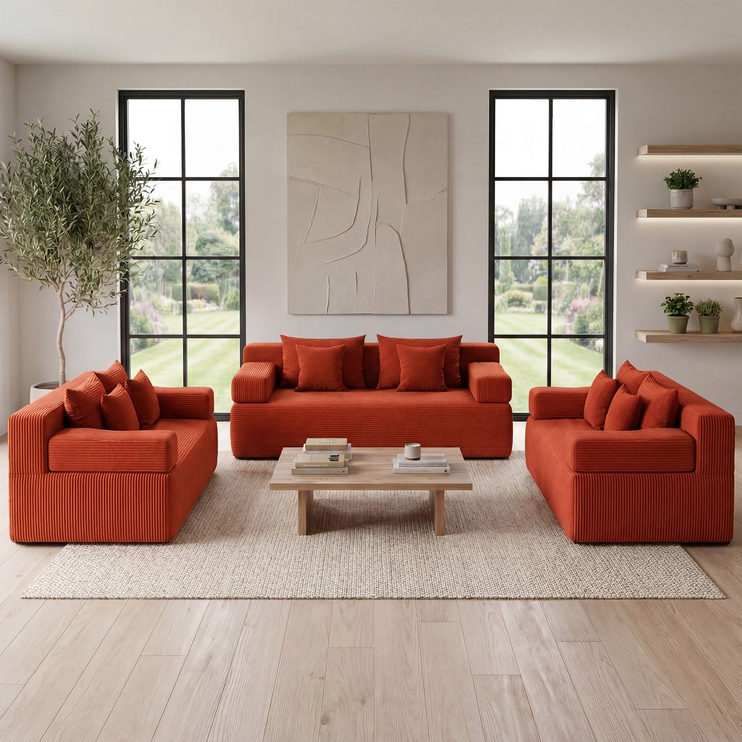 MONVANE 3-Piece Boneless Loveseat Couch Set for Living Room, Oversized Modular Sectional Sofa Set with Removable Armrests, Comfy Corduroy Cloud Couch with 12 Pillows, No Assembly Required, Terracotta