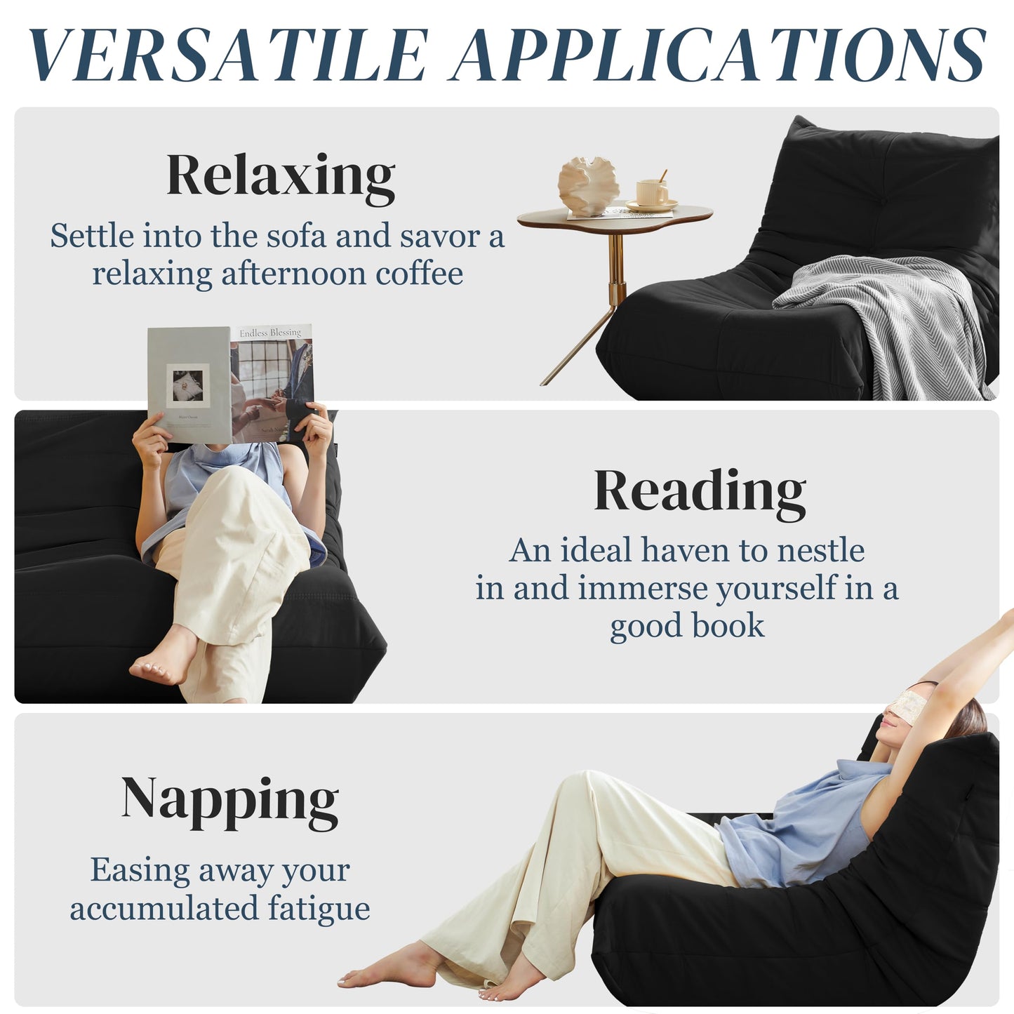 Bean Bag Chair, Fireside Chair Bean Bag Sofa for Adults, Bean Bag Chairs for Teens with High-Resilience Foam, Memory Foam & Non-Slip Base Bean Bag for Living Room, Bedroom, Office (Suede, Black)