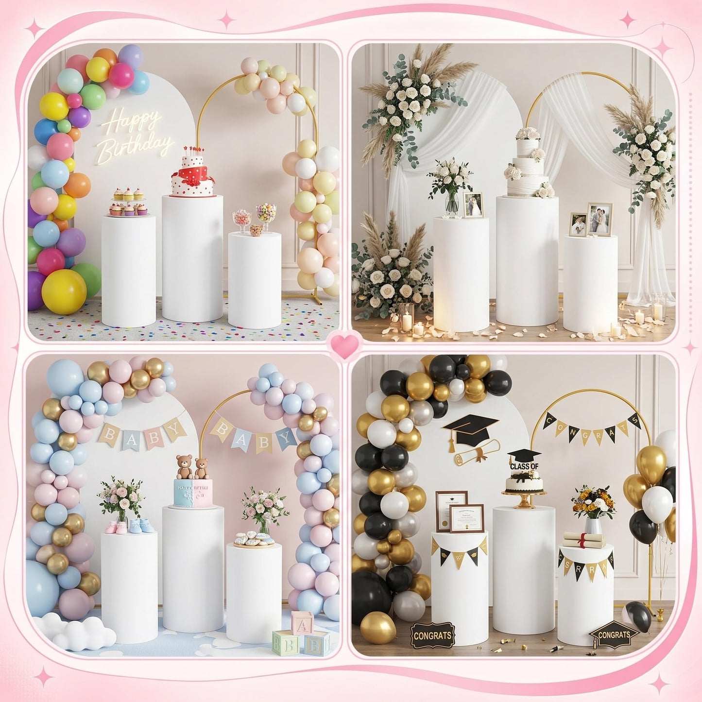 ArtSocket White Cylinder Pedestal Stand Covers Set of 3, 7.2FT Arch Backdrop Stand and White Arch Cover Set, Elastic Spandex Cloth Plinth Pillar Cover for Wedding Birthday Parties Event Decor Props