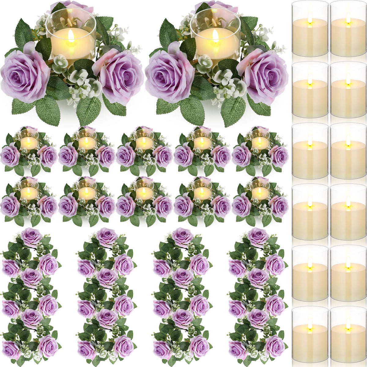 Yunlly 12 Pcs Rose Candle Rings with Flameless Candles Sets, Artificial Flower Eucalyptus Wedding Centerpiece 3 Inch Pillar Candleholders Wreaths for Wedding Party Mother's Day (Purple)