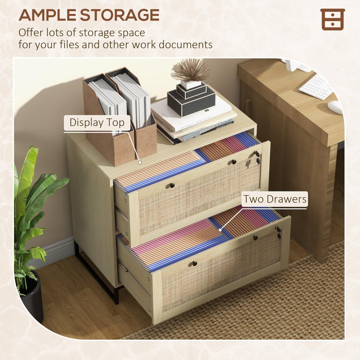 Vinsetto 2 Rattan Drawer File Cabinet with Lock, Lateral Filing Cabinet with Adjustable Hanging Bar for Letter, A4 and Legal Size Files, Printer Stand for Home Office, Natural