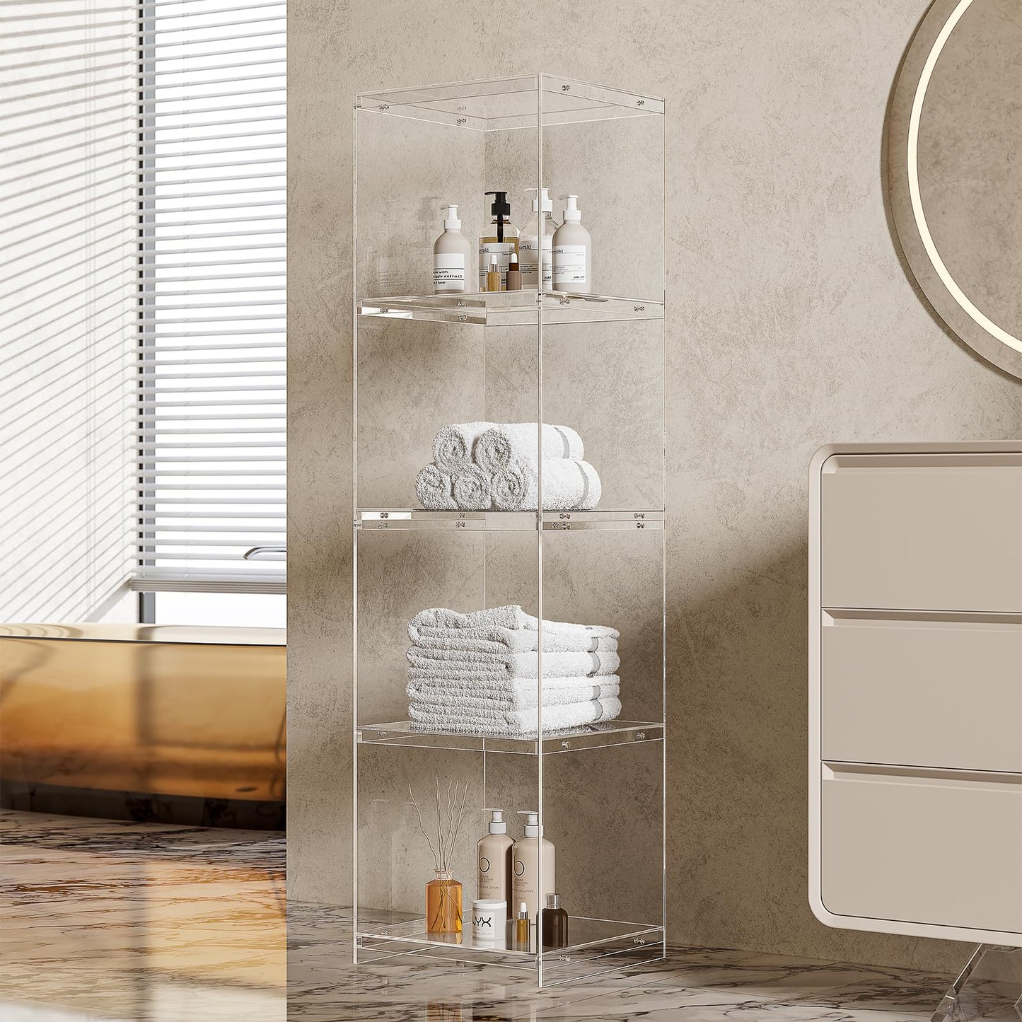 bitaycan Acrylic Display Cabinet, 4-Tier Display Case in Bedroom, Living Room, Playroom, Modern Style (16" D x 16" W x 62" H)