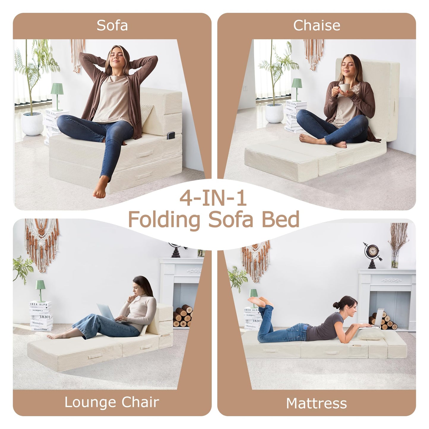 HILERO Folding Sofa Bed, 4 in 1 Convertible Sleeper Chair with Pillow, Single Memory Foam Fold Out Chair Bed, Modern Floor Futon Sofa Couch Mattress for Living Room/Guest/Apartment,Beige