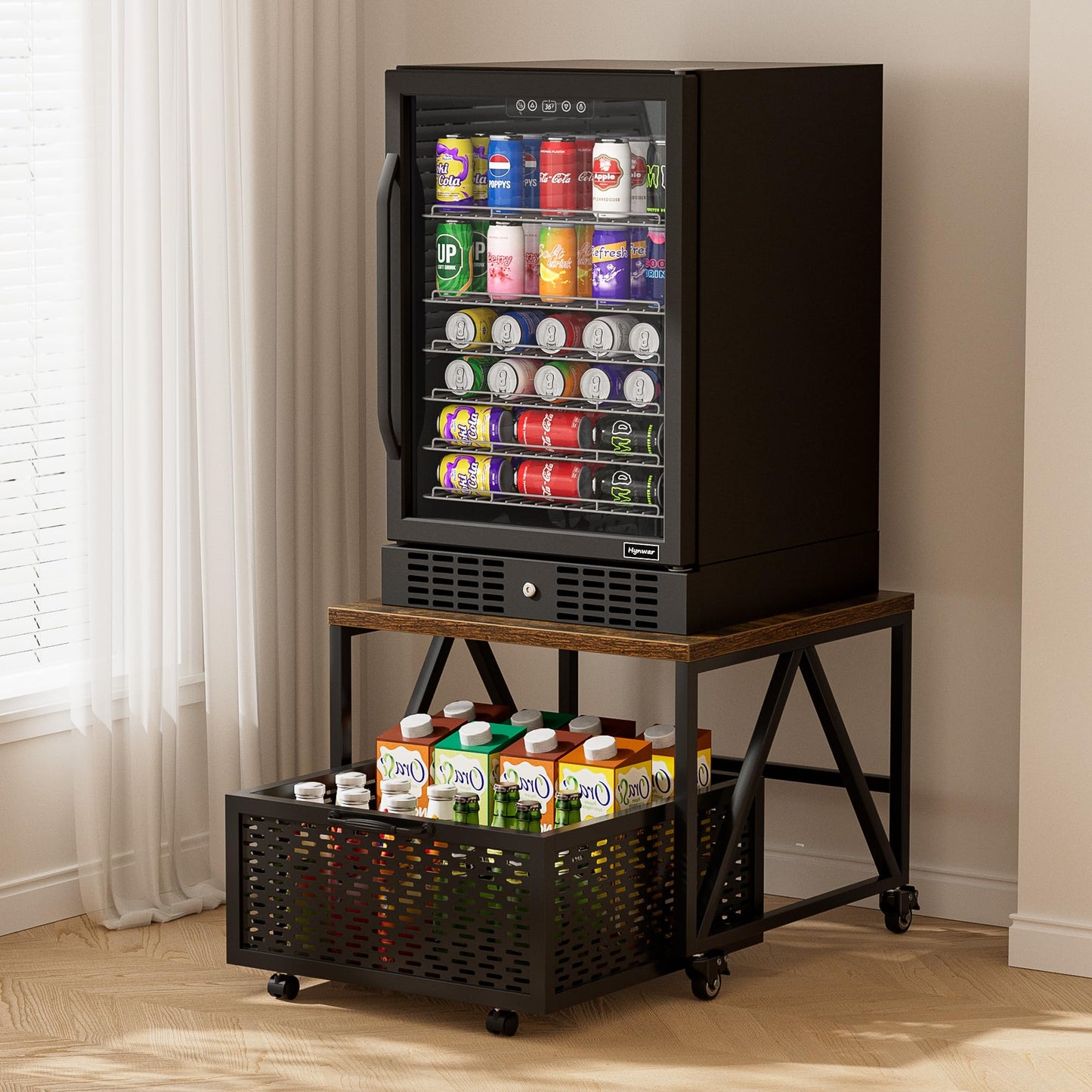 Urban Deco Mini Fridge Stand with Storage,Heavy Duty Fridge Cart with Drawer Basket,Mini Refrigerator Table for 220LBS,Mobile Fridge Stand with Swivel Wheels for Dorm,Home,Brown(Frame with Wheels)