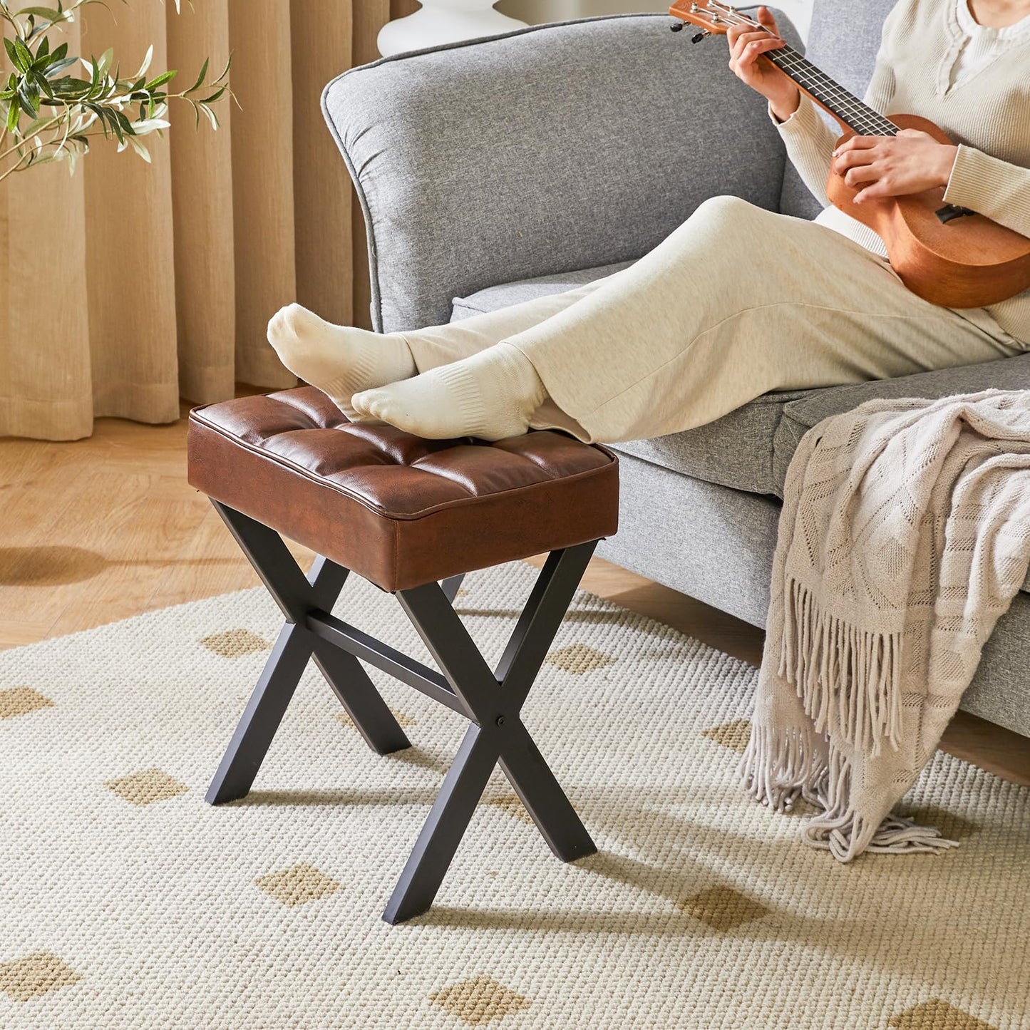 IBUYKE Square Makeup Stool with X-Leg Foot Rest, PU Footrest, Ottoman Seat, Multi-Use as Small Side Table, for Bedroom, Living Room, Light Brown LG-71J