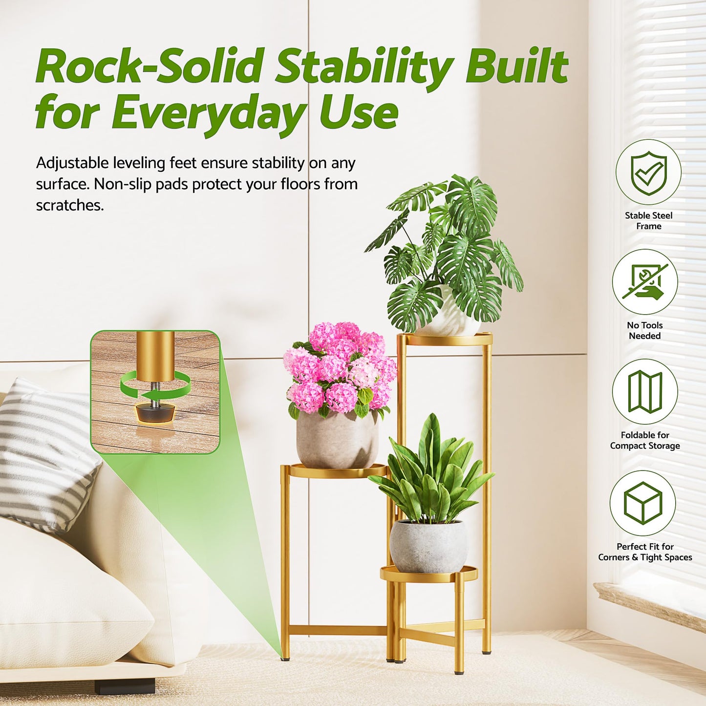 NQW 3 Tiered Plant Stand Indoor for Multiple Large Planter, Tall Heavy Duty Adjustable Folding Rack with Rustproof 7.9 Inch Wide Tray, Gold Plant Shelf for Corner Living Room - GoldDisk