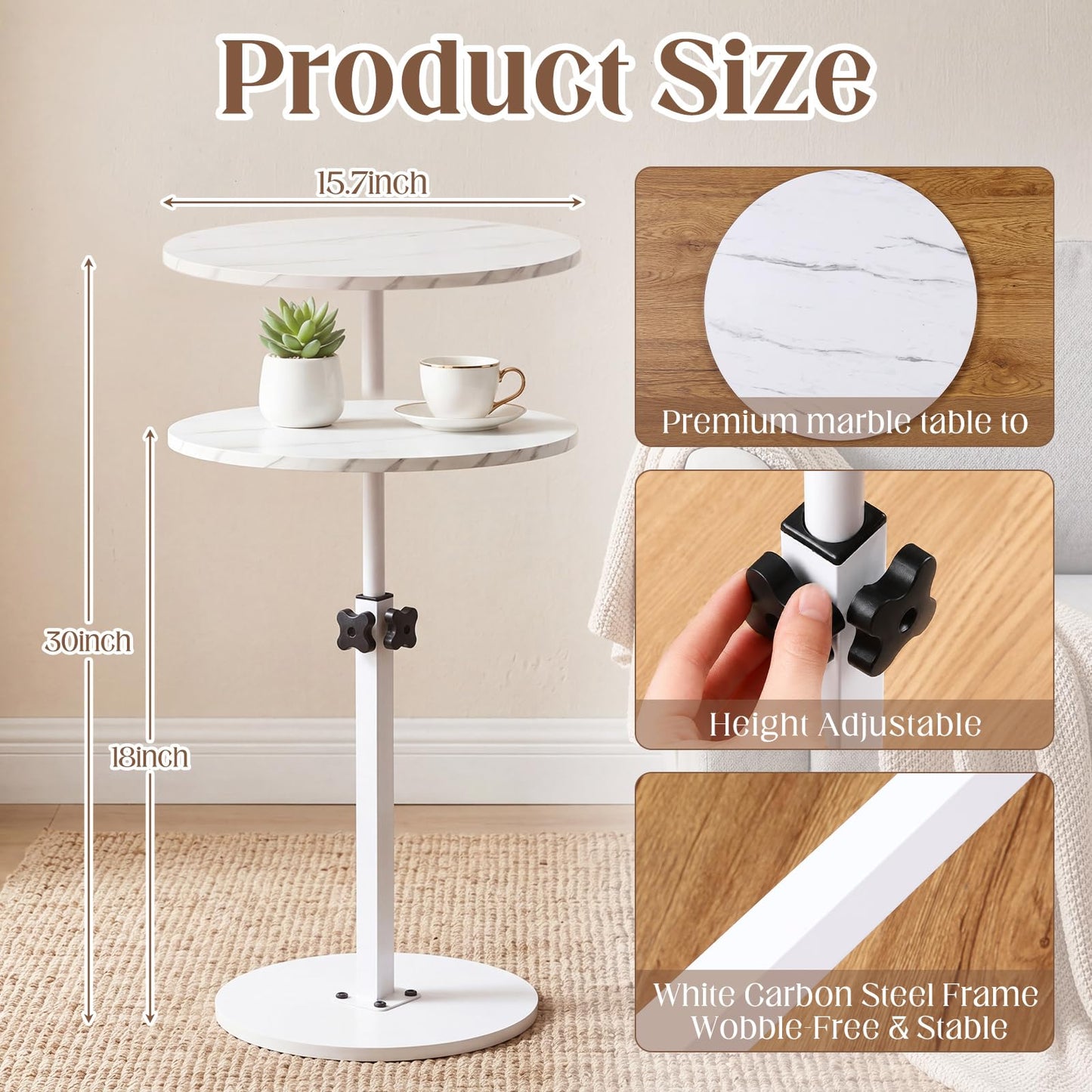 Sintuff Adjustable Height Round Side Table, 15.7" Marble Color Drink Stand with Metal Pedestal Base, White Small Space Martini Table for Living Room, Bedroom, Sofa, Balcony, 18"-30" Tall