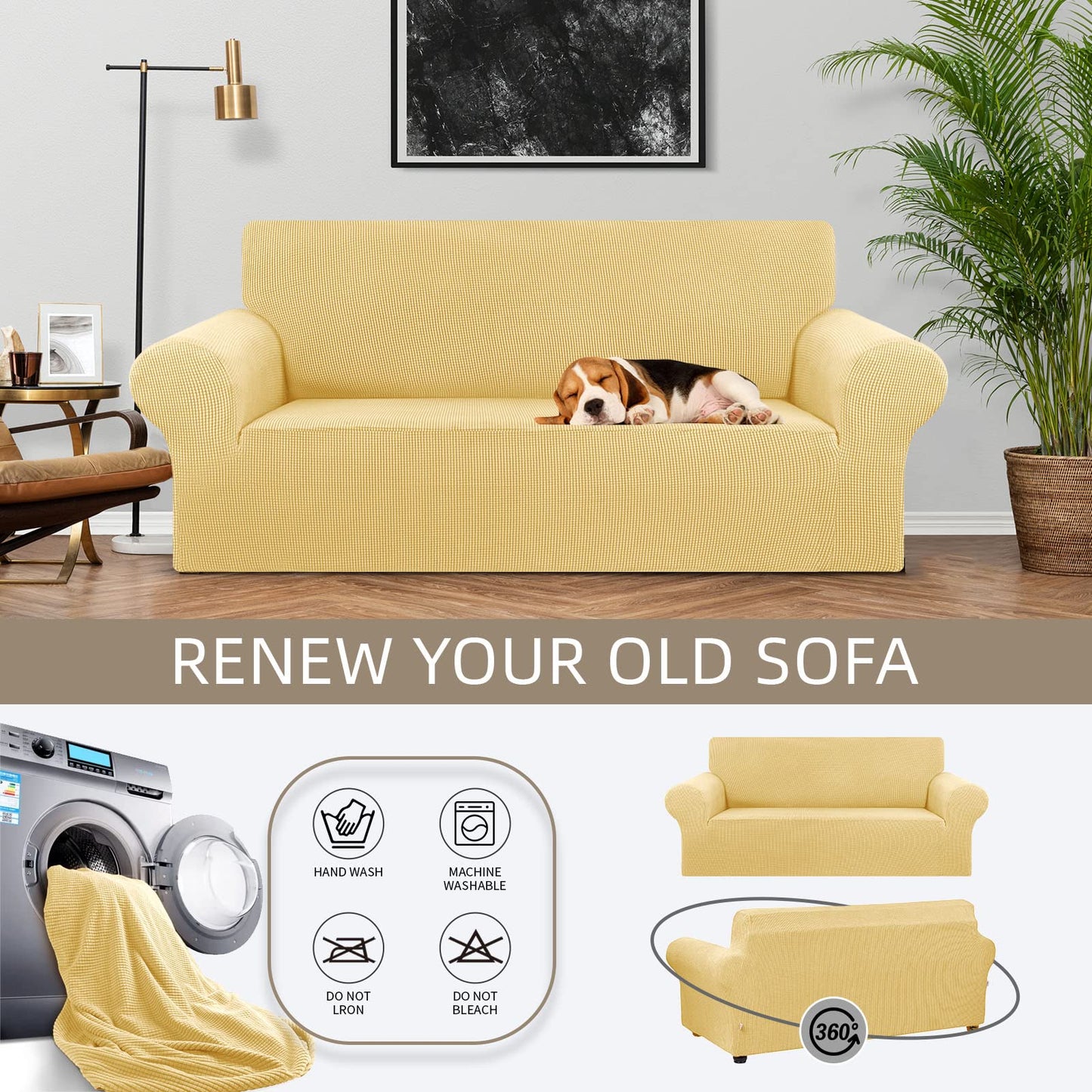 KEKUOU Stretch Loveseat Sofa Cover Slipcover,Couch Covers for 2 Cushion Couch Sofa (55"-78") Furniture Protector Sofa with Elastic Bottom for Kids,Dog. Jacquard Small Checked(Medium,Champagne)