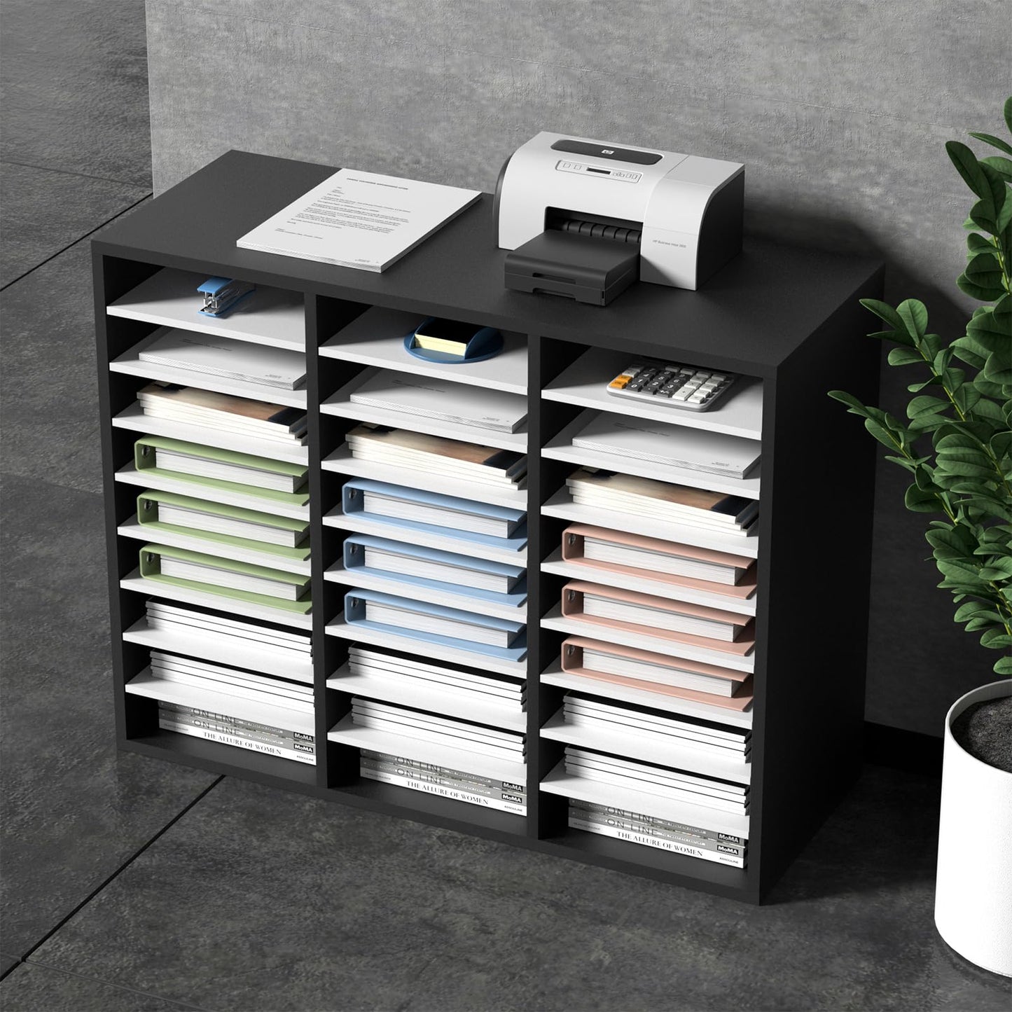 VEVOR 27 Compartments Wood Literature Organizer, Adjustable Shelves, Medium Density Fiberboard Mail Center, Office Home School Storage for Files, Documents, Papers, Magazines, Black+White