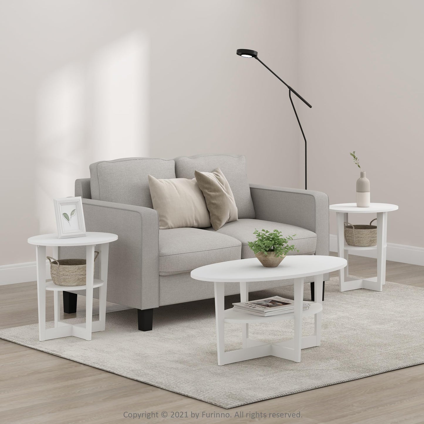 Furinno Jaya Side Table Set of 2, 2-Tier Round Modern End Table with Oval Tabletop, Night Stand, Bedside Table with Open Shelf, for Living Room, Bedroom, Plain White