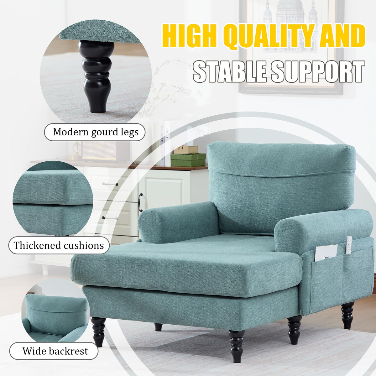 KEIKI Chaise Lounge Chair Indoor, Oversized Accent Chenille Armchair with Storage, Leisure Sleeper Single Sofa Side Chair, Corner Recliner Arm Chairs for Living Room Reading, Easy Assembly, Mint Green