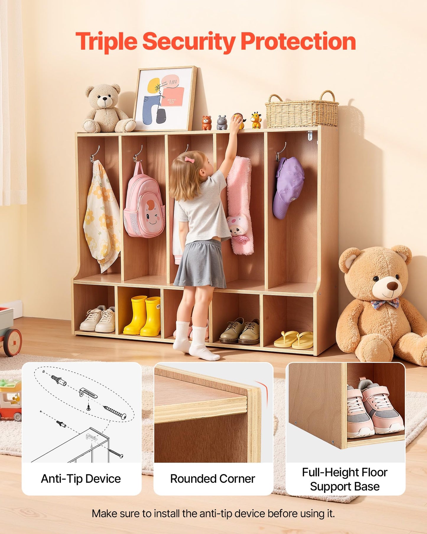 VEVOR 5-Section Coat Locker with Bench, Kids Lockers with 10 Hooks & Non-Slip Mat, Classroom Cubbies for Daycare, Home, Kindergarten- Natural