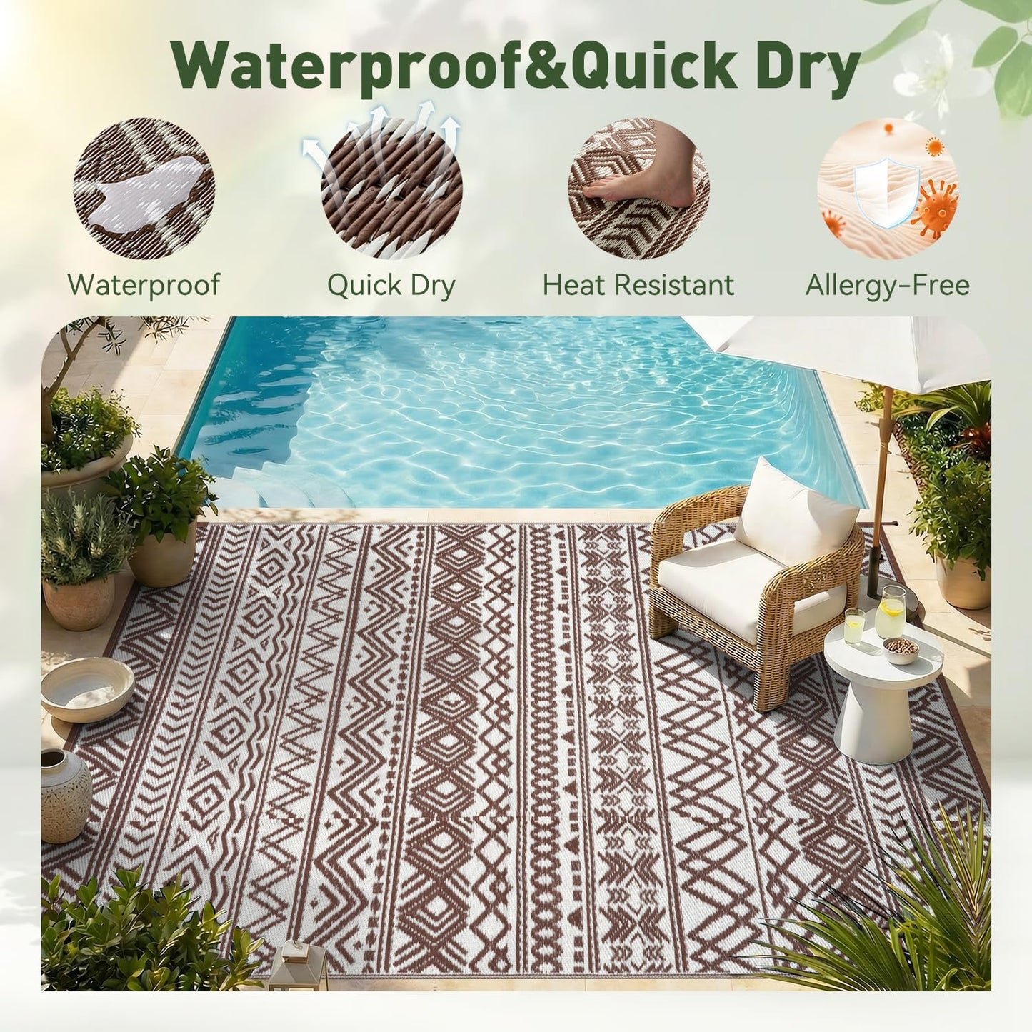 MontVoo Outdoor Rug Carpet Waterproof 5x8 Outdoor Patio Rug Mat Reverisble Plastic Straw Outdoor Rug for RV Camping Picnic Beach Balcony Boho Beige Brown