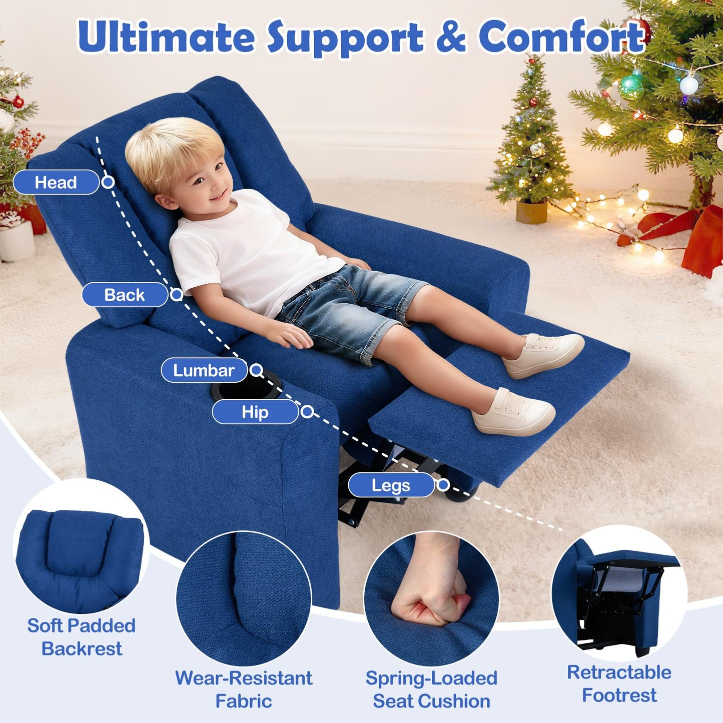 Costzon Kids Recliner Chair with Cup Holder, Toddler Adjustable Lounge Chair w/Footrest for Boys Girls Room, Ergonomic Baby Child Furniture Sofa for Age 3+ Gifts, Kids Mini Recliner up to 150 lbs