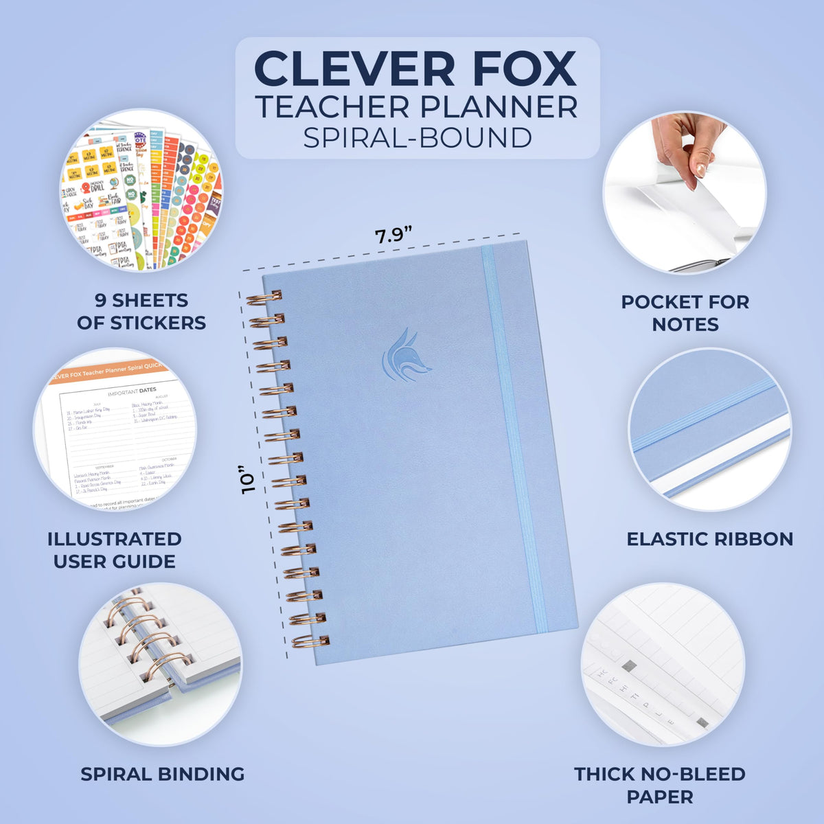 Clever Fox Teacher Planner Spiral – School Year Planner with Calendars & Lesson Plans – Teacher Plan Book for Classroom & Homeschool Organization - Undated, 7.9x10″ (Periwinkle)