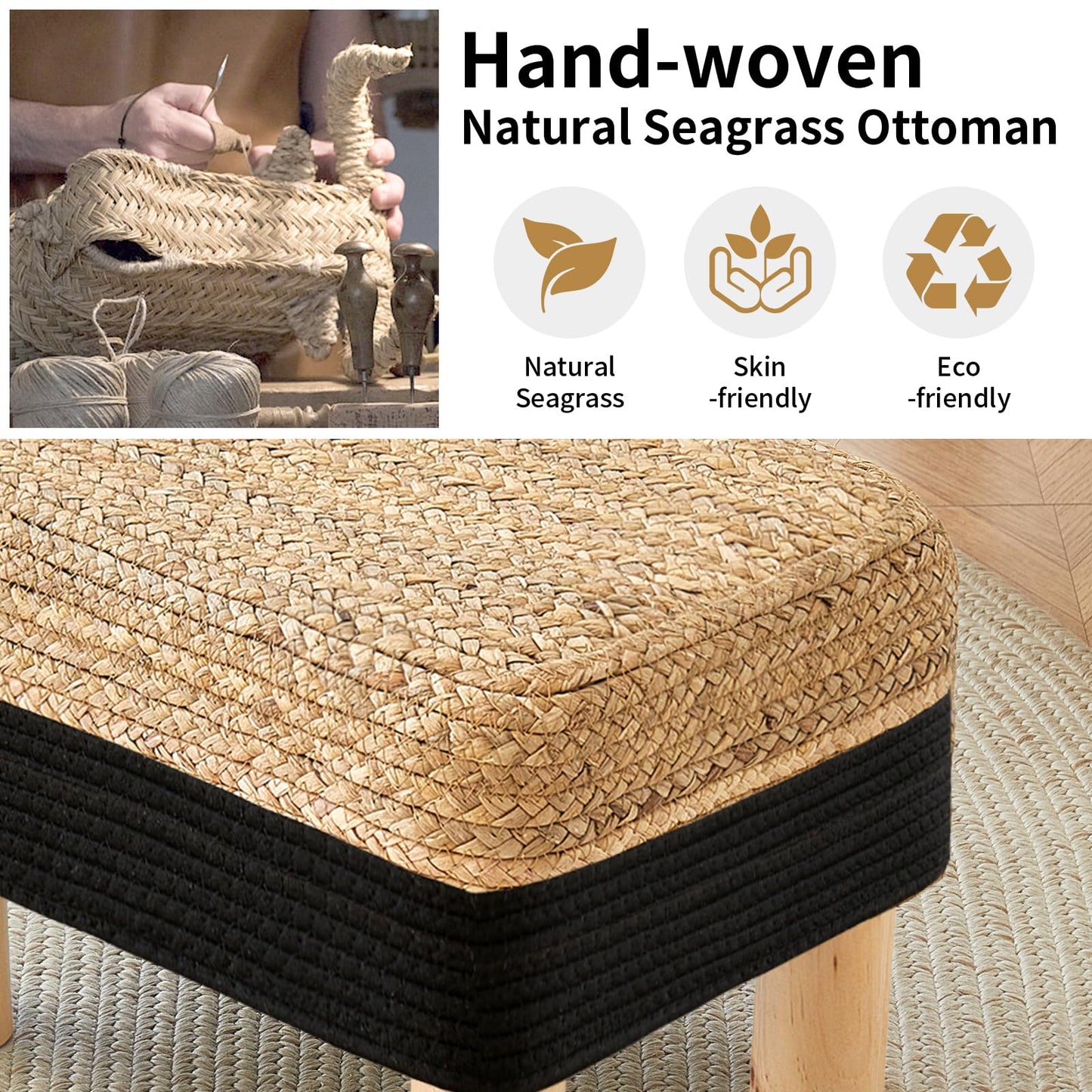 ALeesing Ottoman Foot Stool Rectangular Footrest Natural Seagrass Footstool with Wooden Legs Hand Weave Multifunctional Modern Dressing Stool, Sofa Side Table for Bedroom for Living Room (Black)