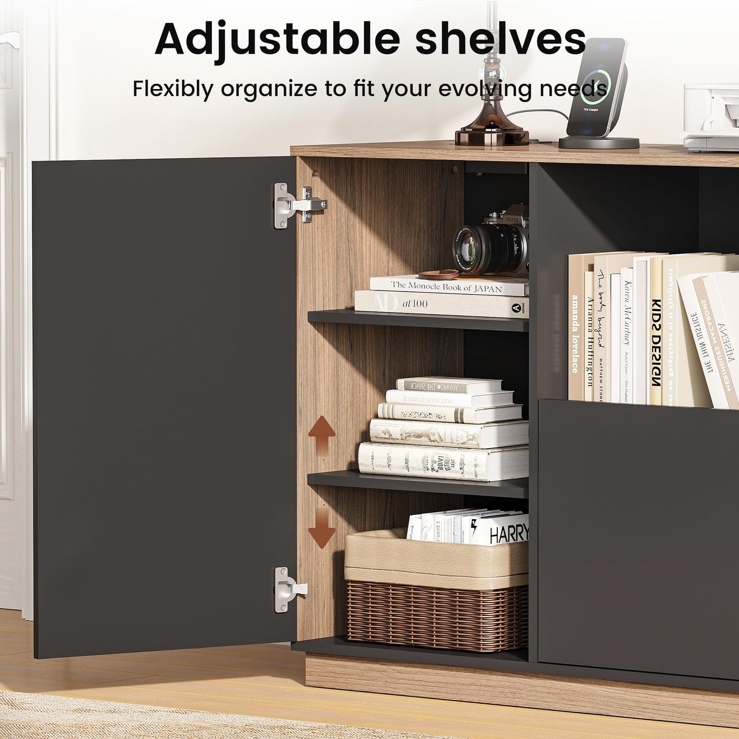 ModernMate File Cabinet with 5 Drawer & Charging Station, 47.2" Office Storage Cabinet with Door & Adjustable Shelves, Printer Stand with Open Shelf for Home Office, Fits A4/Letter Size, Black Walnut
