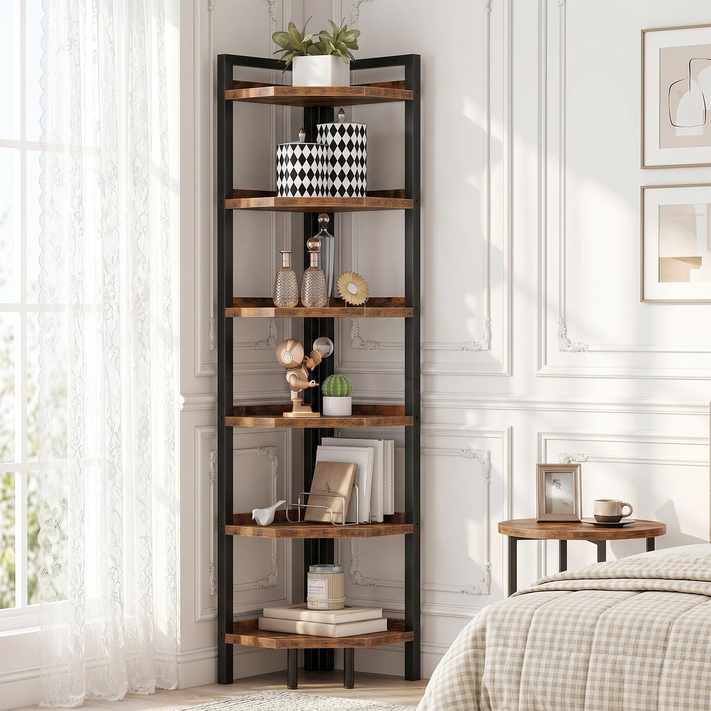 CHOEZON 6-Tier Corner Shelf, Tall Corner Bookshelf, Freestanding Storage Stand, Display Shelving for Living Room, Bedroom, Home Office, Rustic Brown and Black TCJ39BF