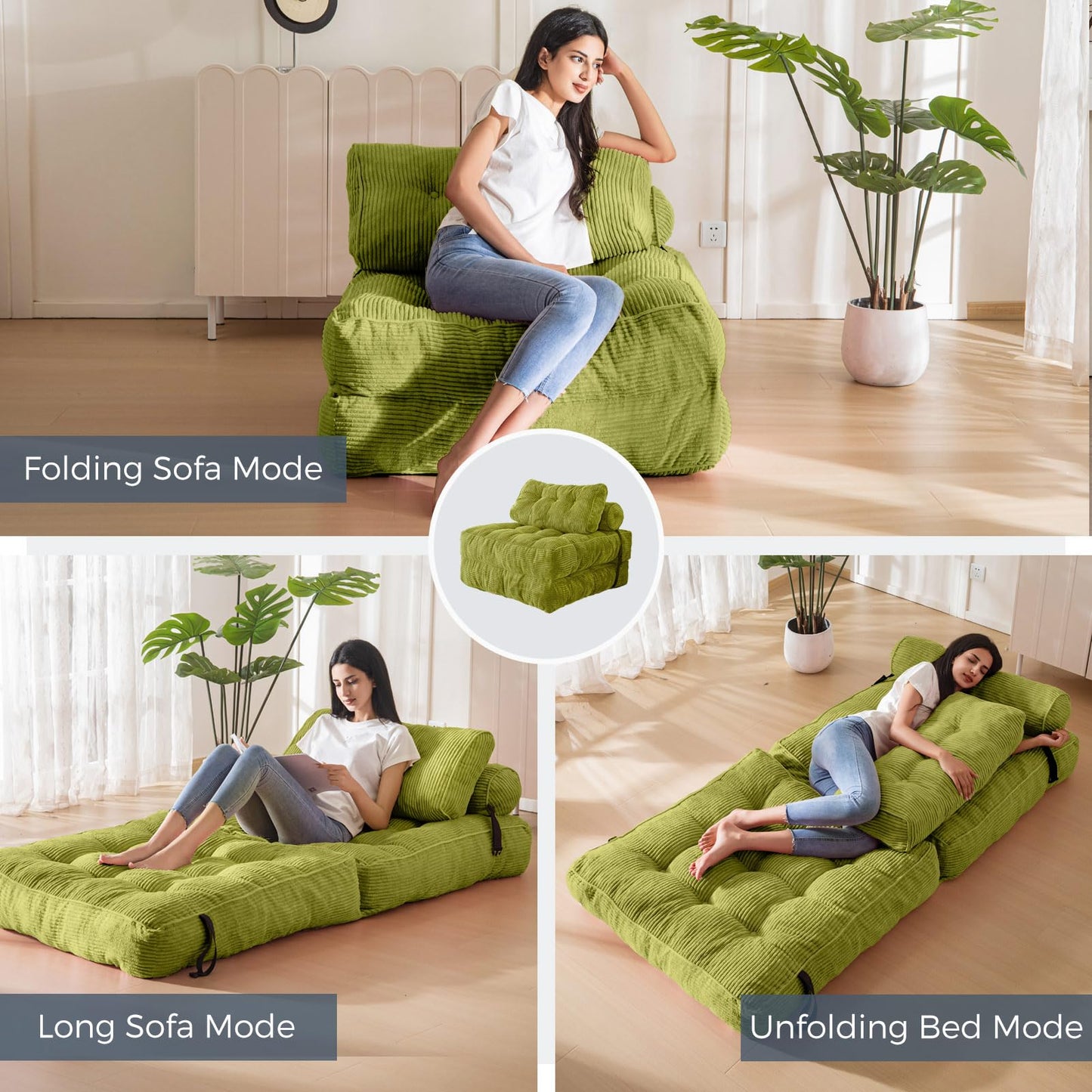 MAXYOYO Folding Sofa Bed, Convertible Chair with Pillow Foldable Couch with Back Support, Portable Fold Out Chair Bed Comfy Floor Sofa Lounge for Living Room Bedroom, Beige, Green