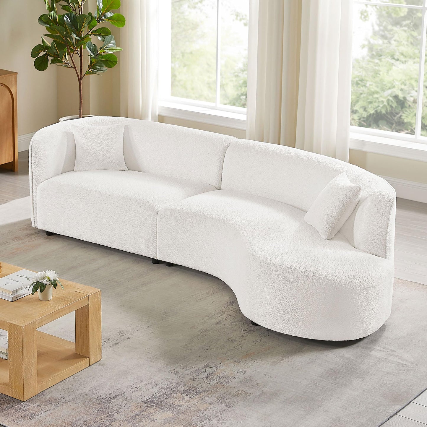 BBTJOINT Curved Sectional Chaise Sofa,Modern Minimalist Style, White Sherpa Fabric Upholstery,127'' Deep Seat Loveseat, Living Room Couch with Throw Pillows (Right Chaise Facing)
