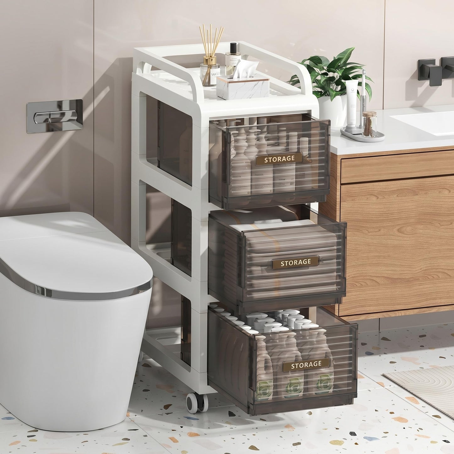 ZHYOCOGY Bathroom Storage with Drawers, 11.8" Wide Wide Slim Storage Cabinet with Wheels for Small Spaces, Narraw Cart for Kitchen Office Bedroom Dinning Room Under Desk, 29.7" Tall