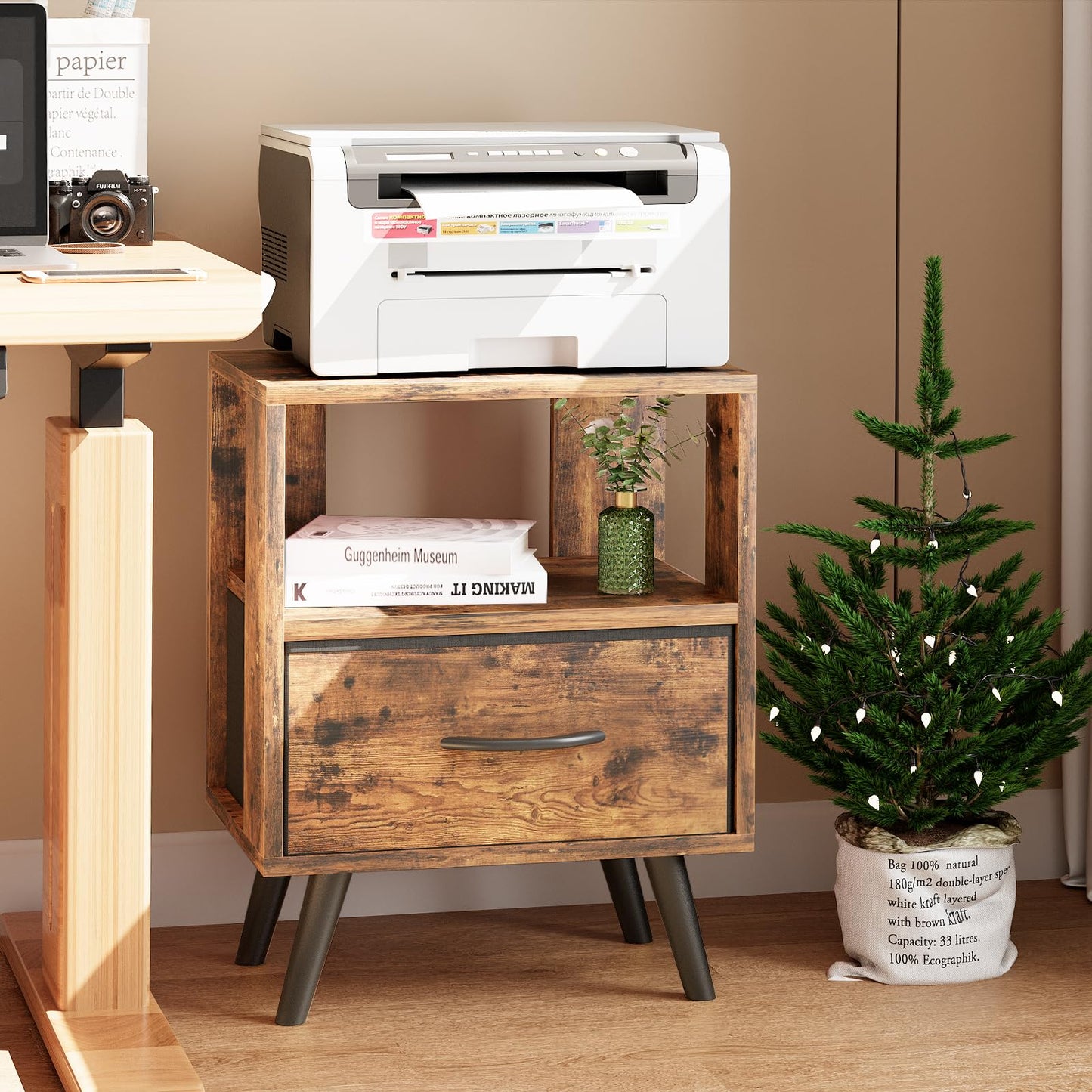 Aenuert Night Stand, Brown Nightstand with Drawer, Side Table with Open Storage, 2-Tier Modern End Table, Bedside Table for Small Space, Living Room, Bedroom