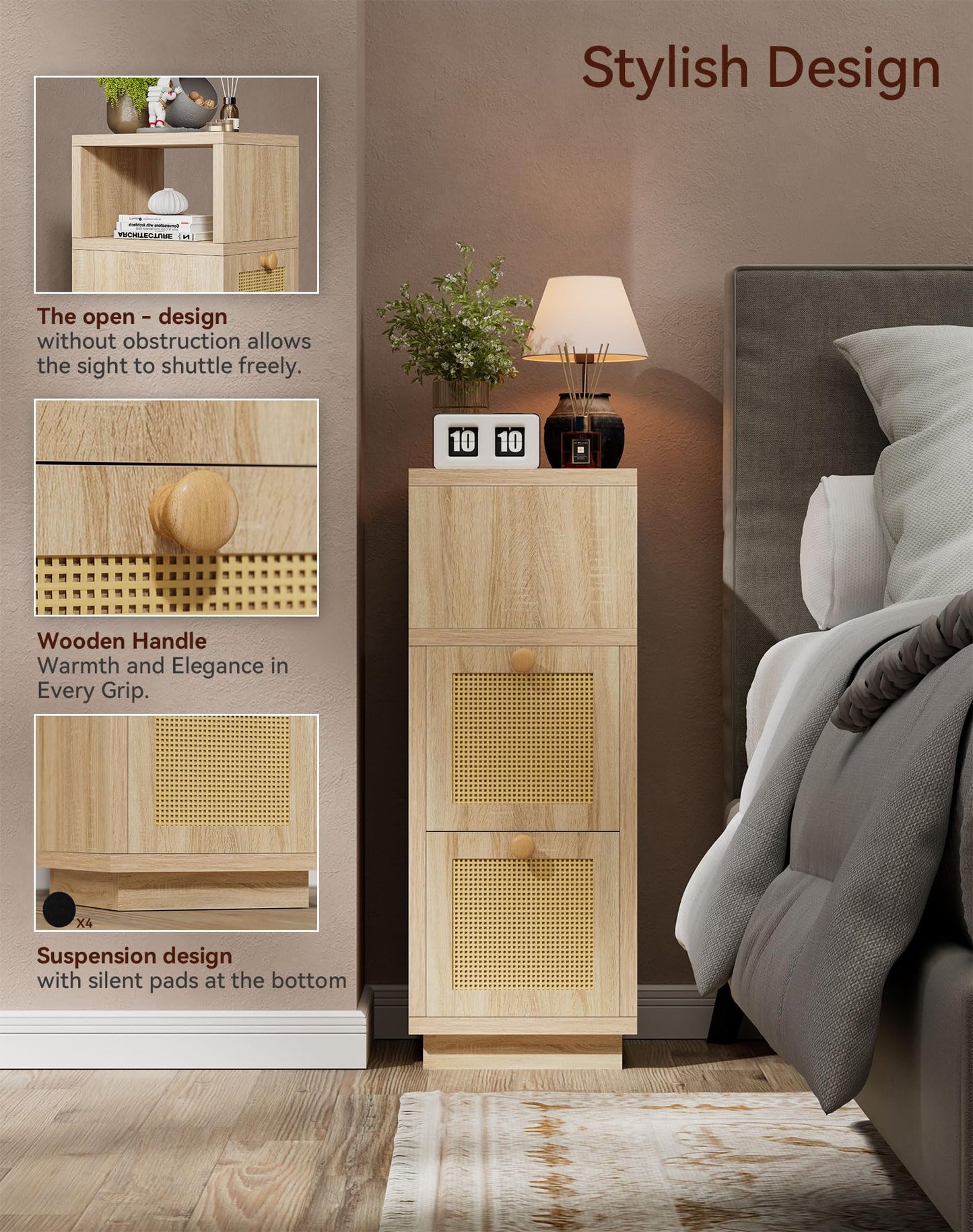 YMYNY Rattan Nightstands Set of 2, Boho Bedside Table with Open Shelf, 2 Drawers, 9.45" x 11.42" x 25.59", Narrow Side Table, Bedside Cabinet for Bedroom and Small Spaces, Natural UHST017N-2